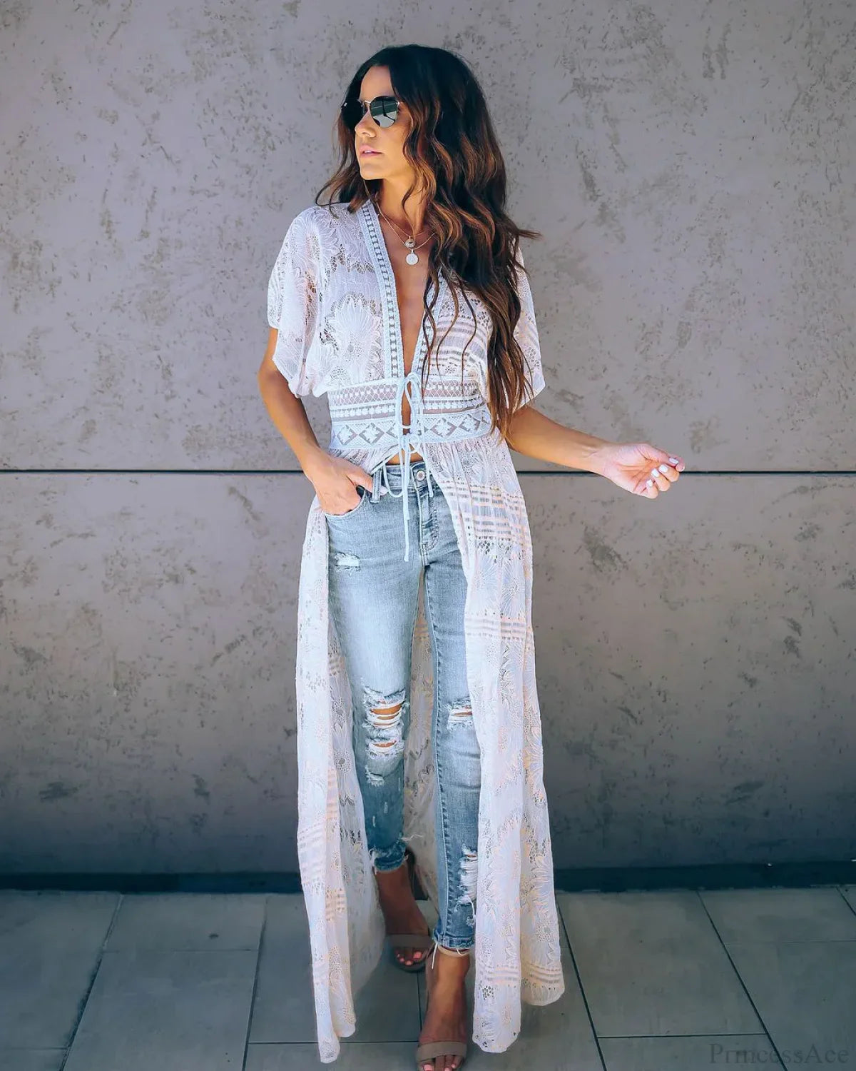 Sexy Deep V-neck White Lace Boho Kimono Bikini Cover up