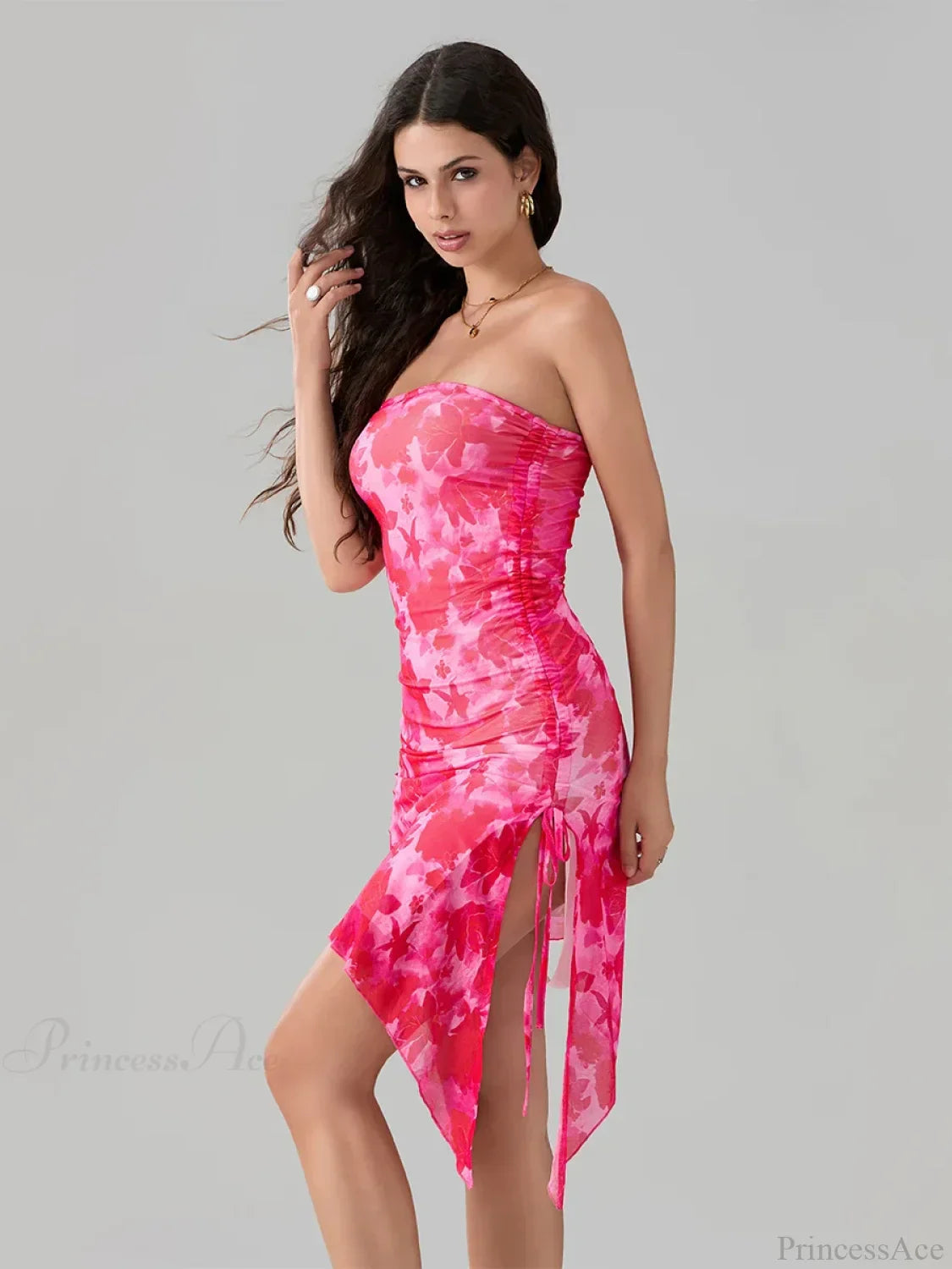 Vestido Floral Asimétrico con Estampado Sexy de Flores y Top Bandeau