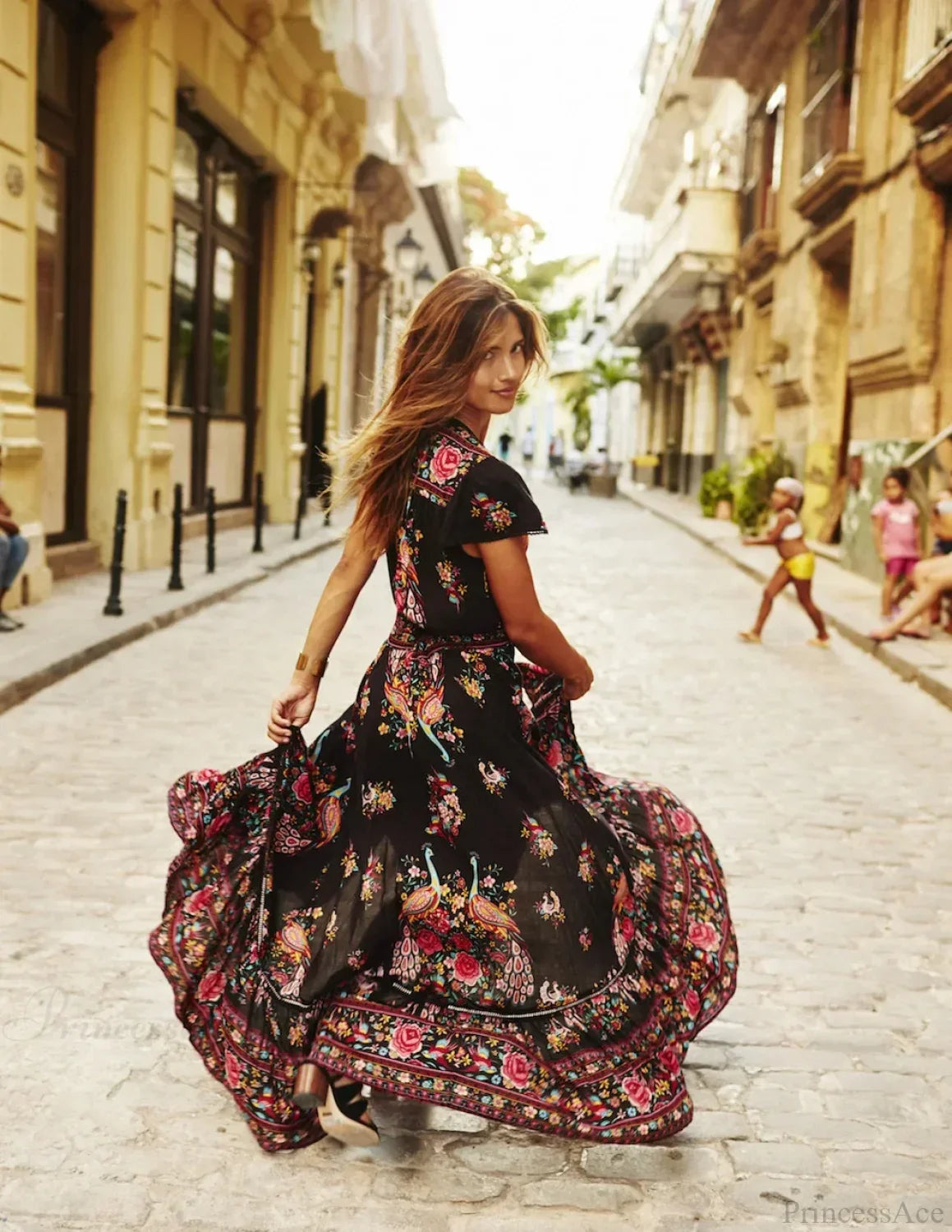 Sexy High Split Flare Sleeve Print Rayon Maxi Boho Dress