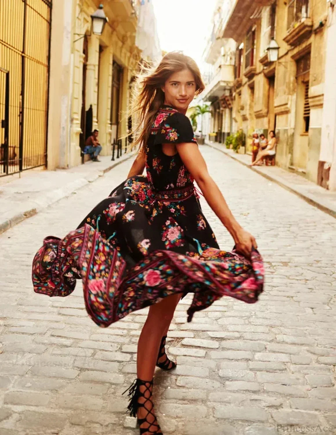 Sexy High Split Flare Sleeve Print Rayon Maxi Boho Dress