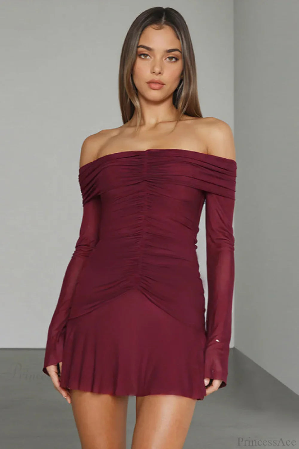 Sexy Off Shoulder Ruched Ruffle Long Sleeve Mini Dress