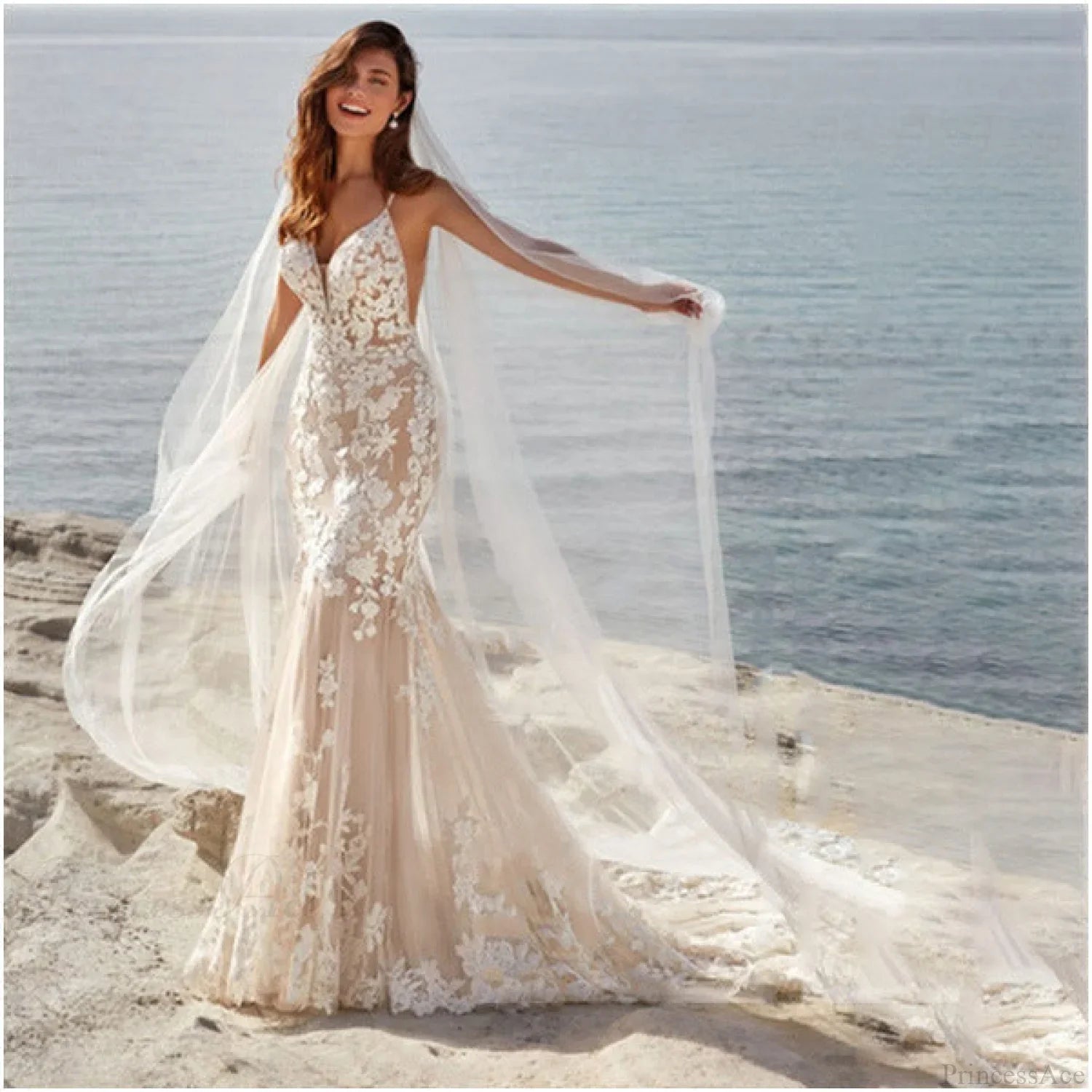 Vestido de noche de encaje sin tirantes sexy para boda