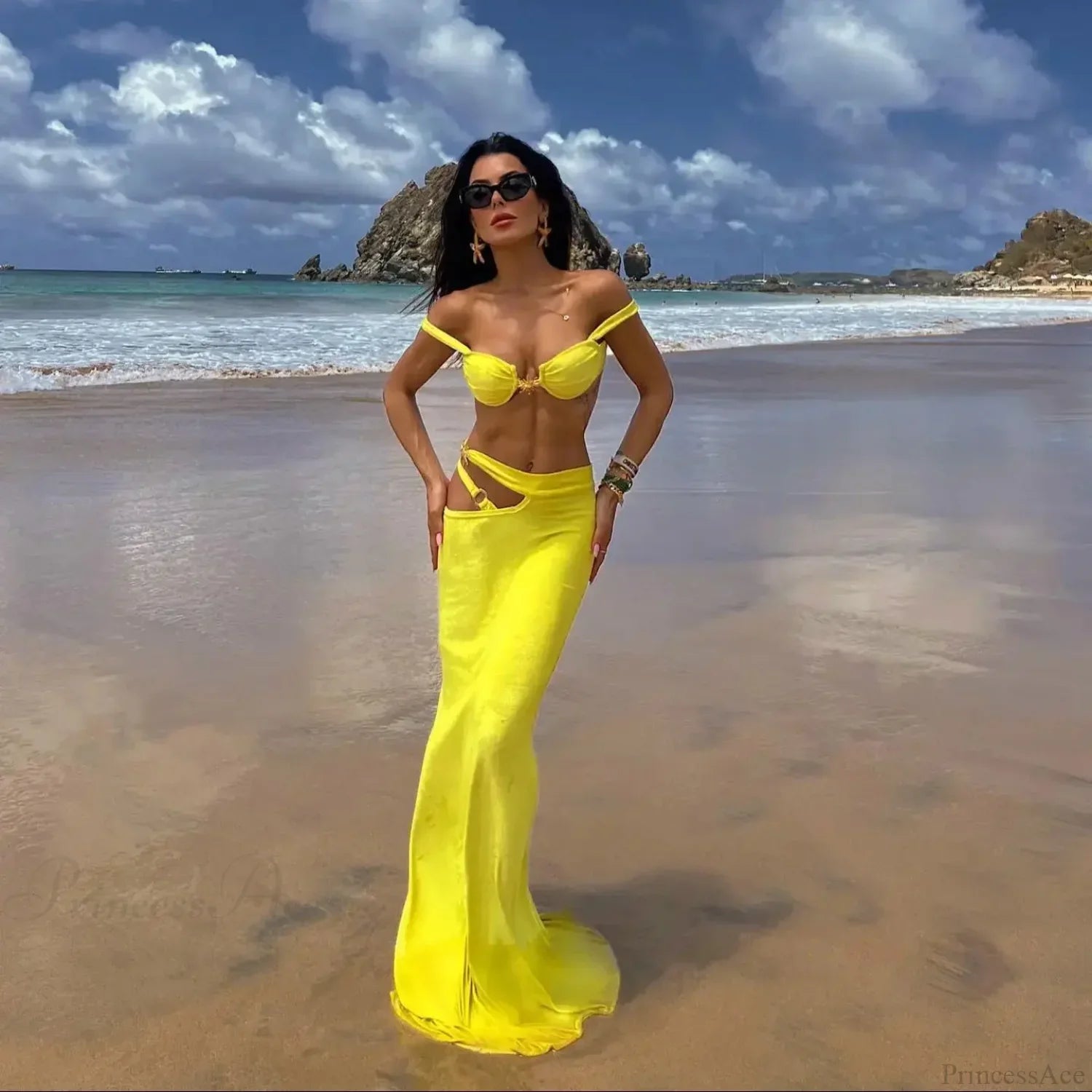 Shiny Bandeau Bikini with Cover Up Three Piece Swimsuit