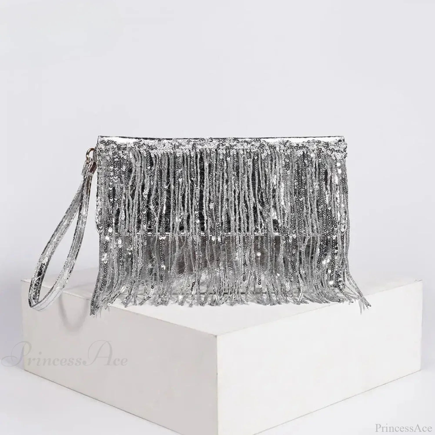 Silver Sequin Rhinestone Evening Clutch Wristlet