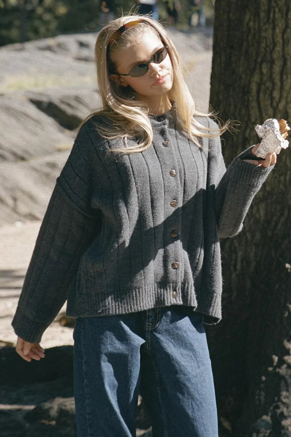 Simple Solid Rib Crewneck Oversized Cardigan Sweater
