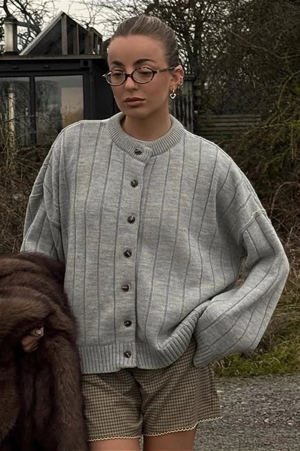 Simple Solid Rib Crewneck Oversized Cardigan Sweater