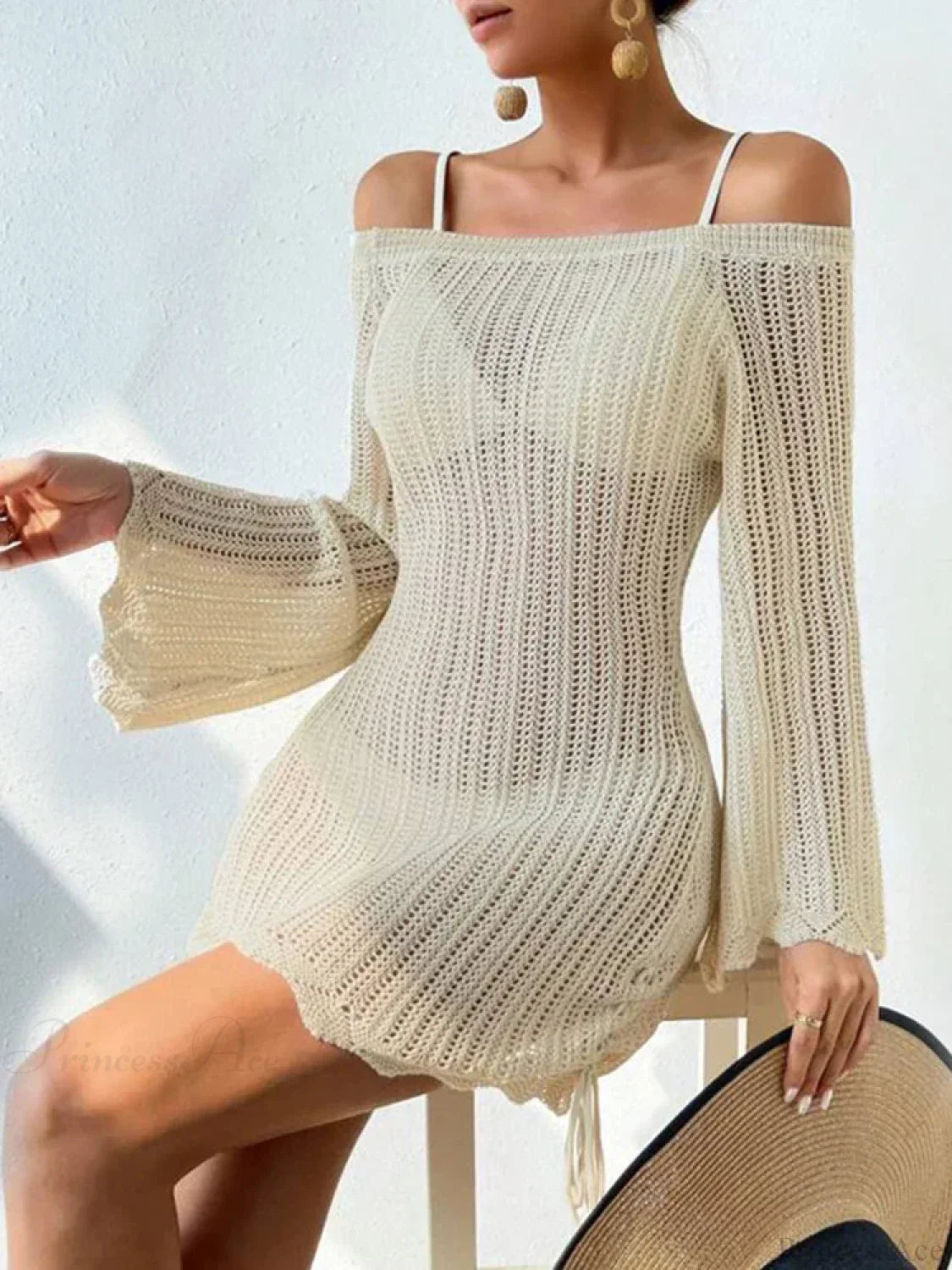 Slash Neck Hollow Out Long Sleeve Cover Up