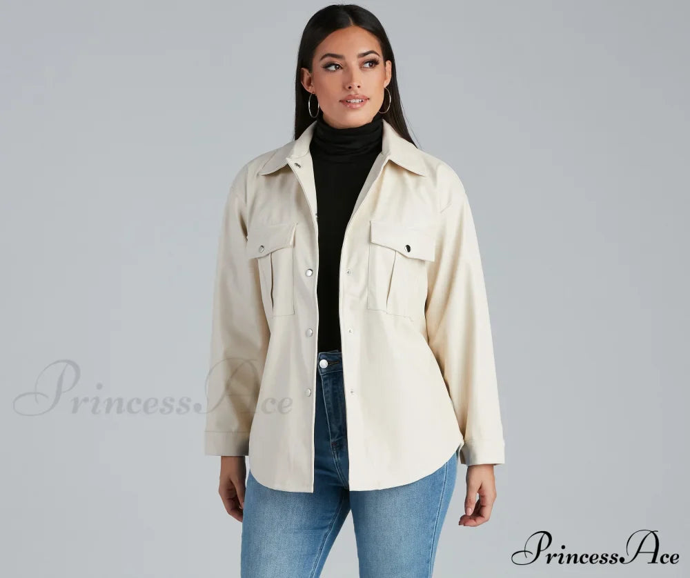 Sleek Trends Faux Leather Tie-Waist Shirt Jacket