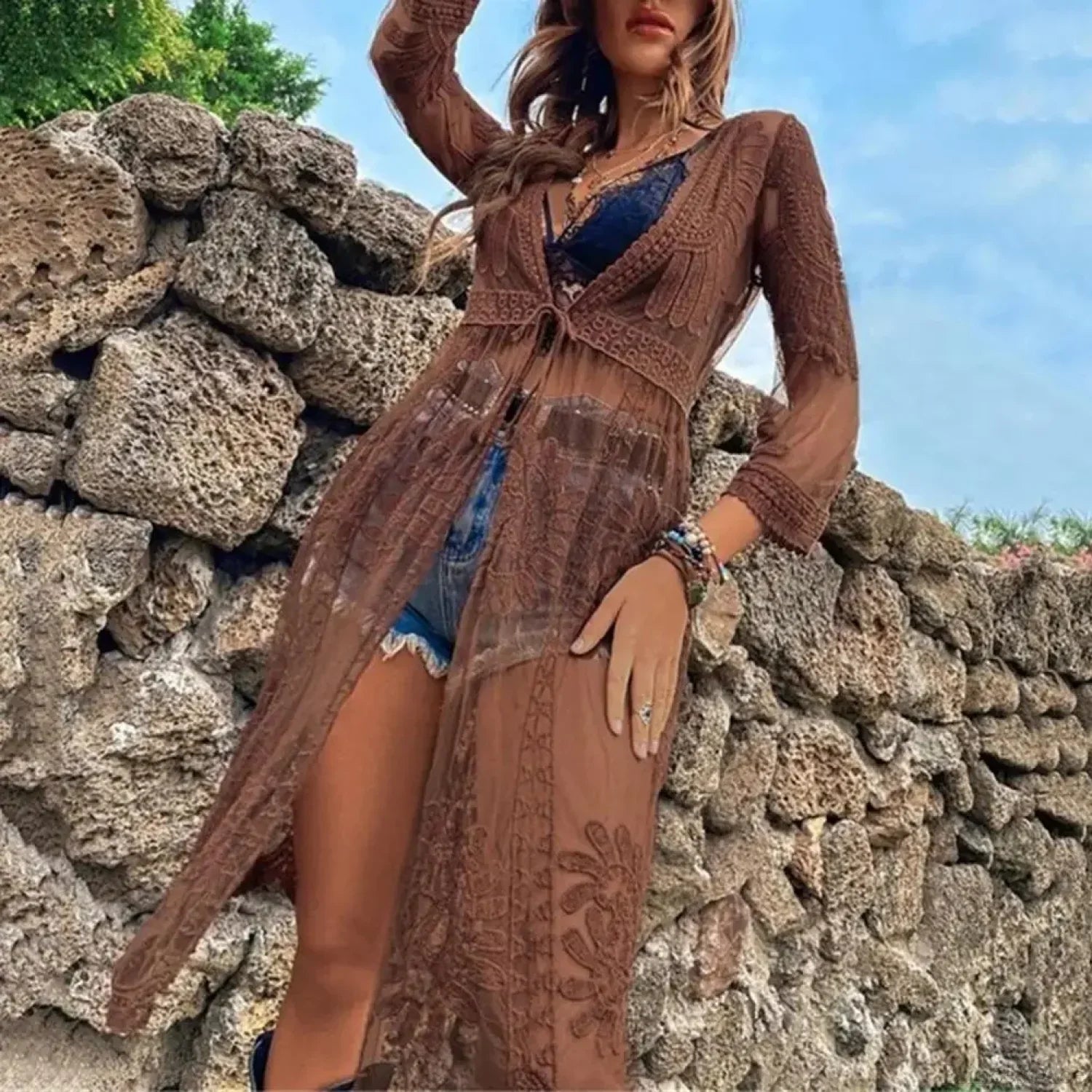 Sleeve Lace-up Embroidery Bikini Cover Up