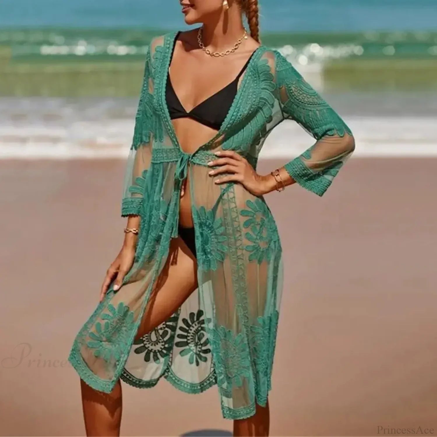 Sleeve Lace-up Embroidery Bikini Cover Up