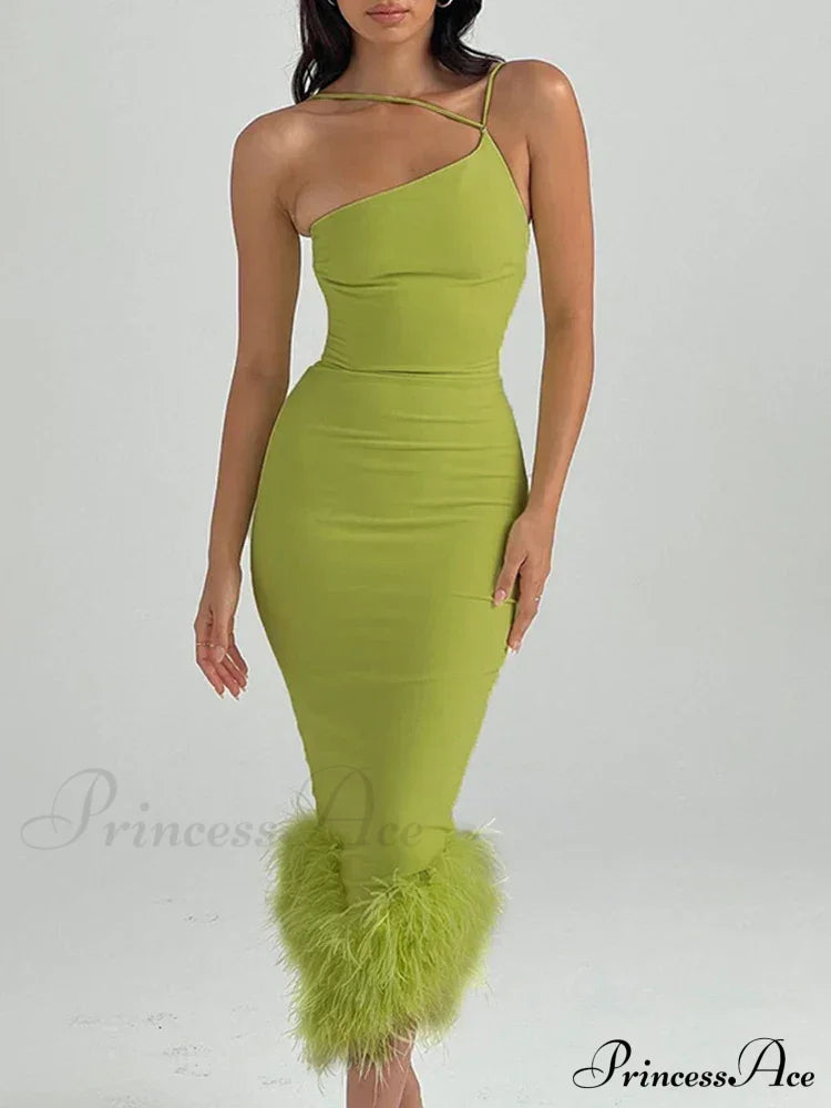 Abito lungo verde elegante aderente da festa da club, senza maniche, con spalline sottili e schiena scoperta