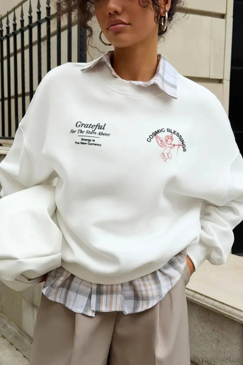 Felpa a girocollo spesso con stampa Angelo solido