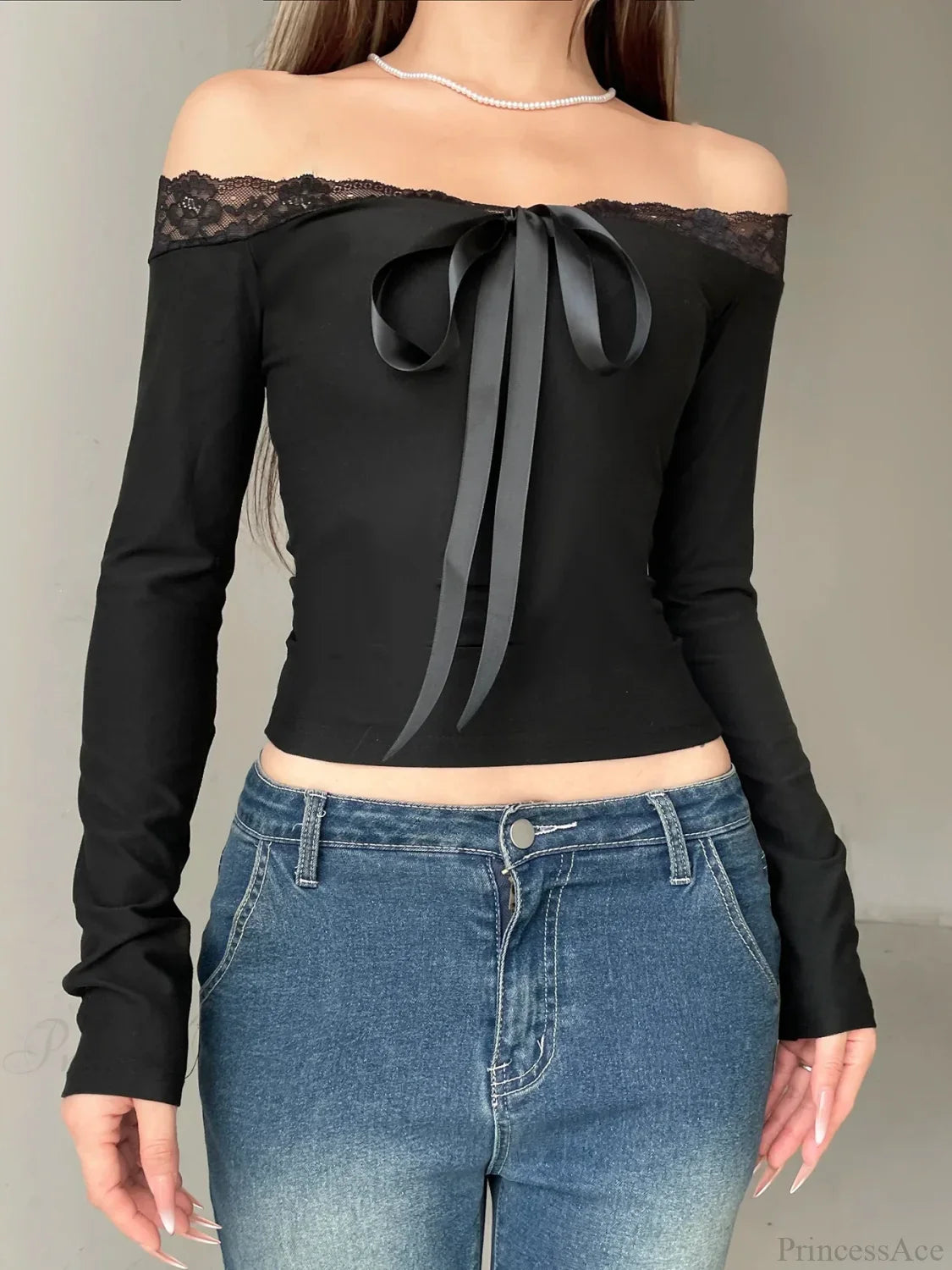 Solid Bow Patchwork Lace Slash Neck Long Sleeve Knit Top