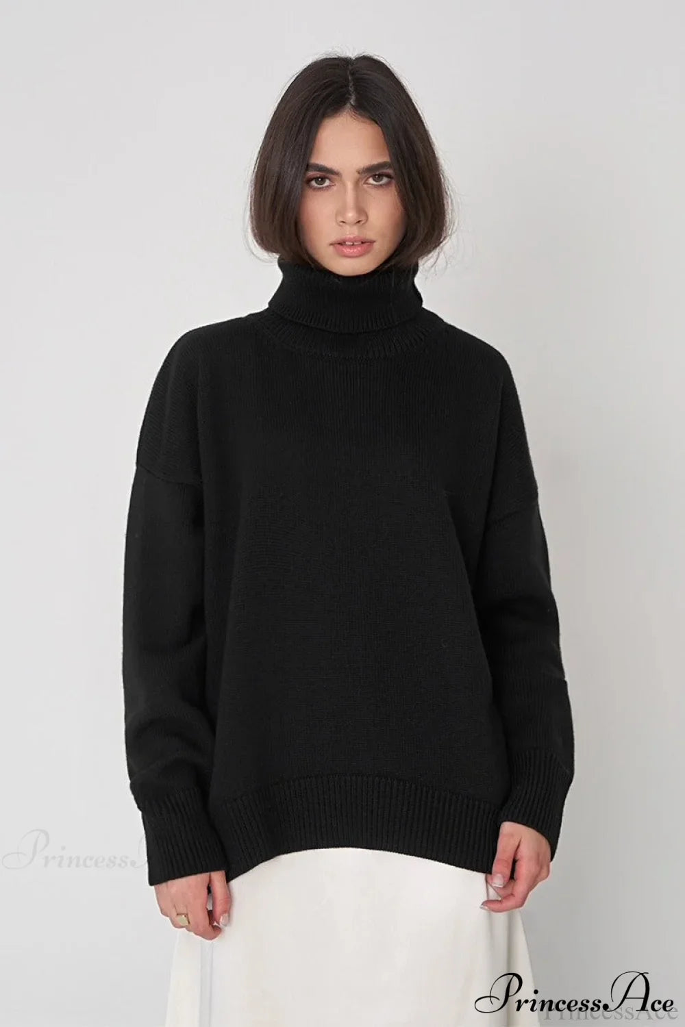 Solid Color High-Neck Loose Knit Sweater
