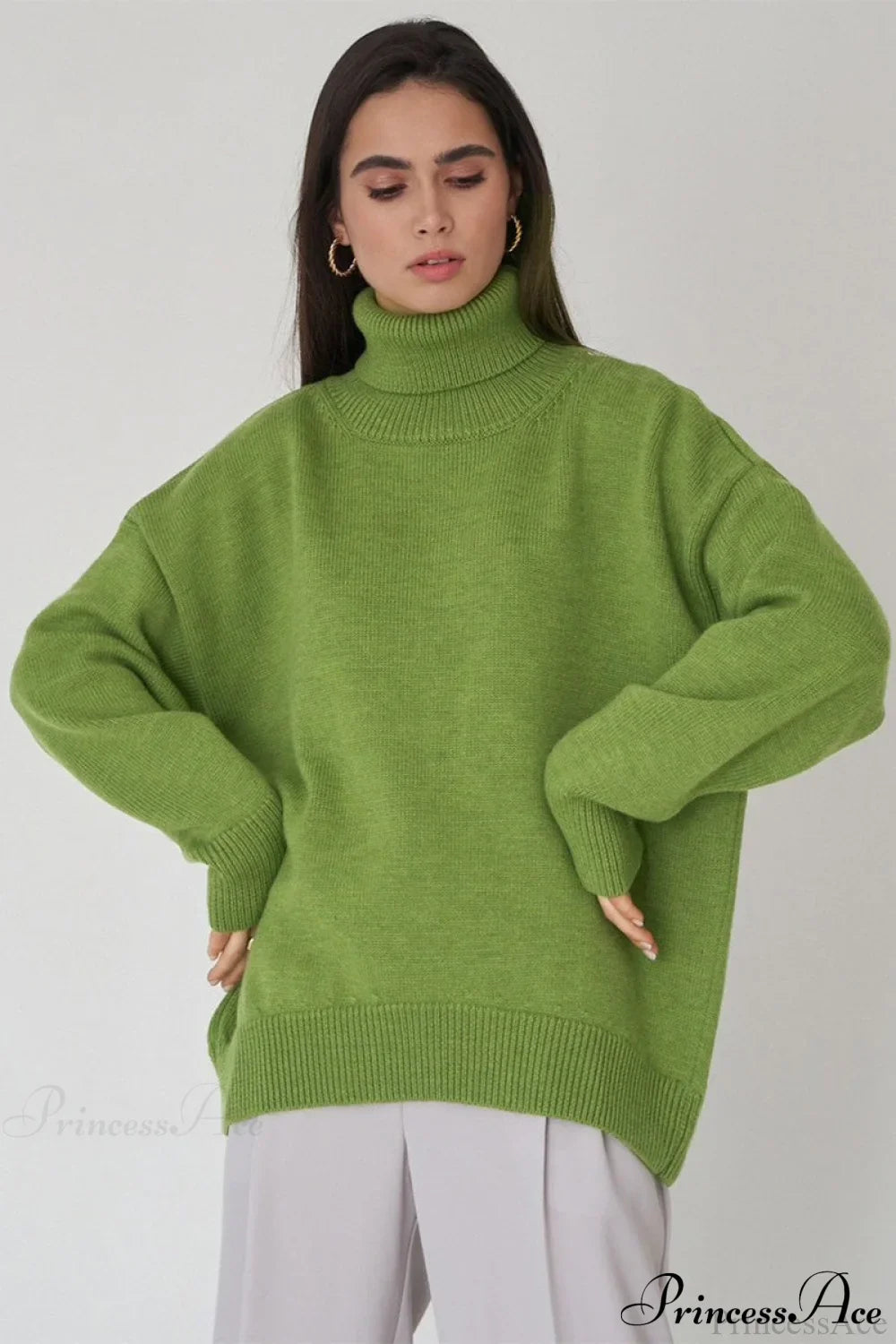 Solid Color High-Neck Loose Knit Sweater