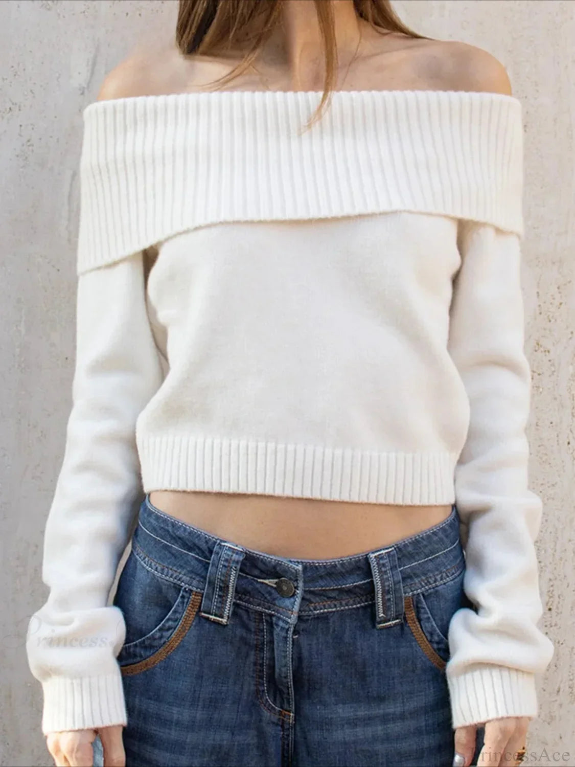 Solid Knitted Slash Neck Basic Long Sleeve Pullover Sweater
