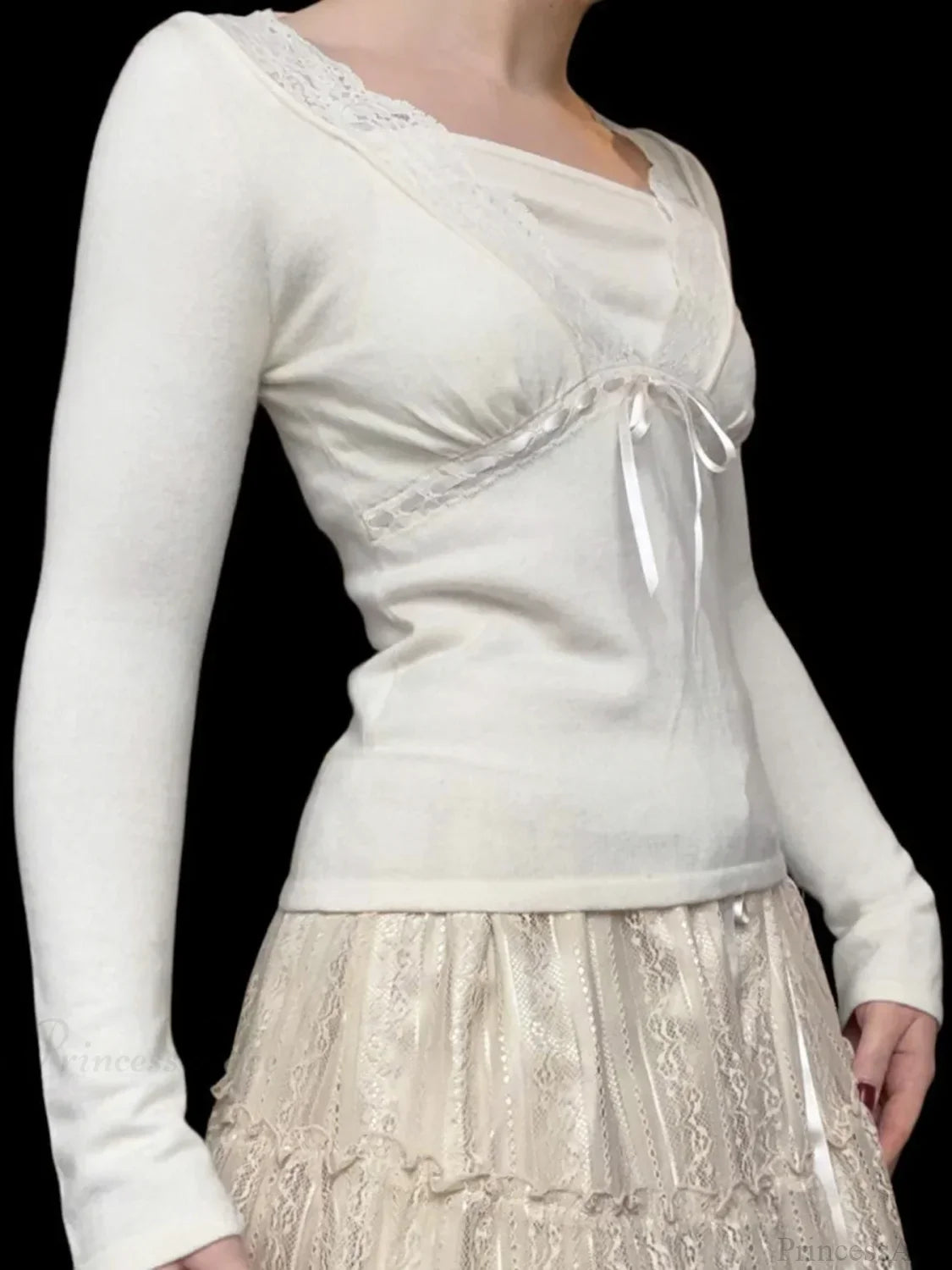 Solid Lace Trim Deep V-Neck Slim Long Sleeve Knit Top