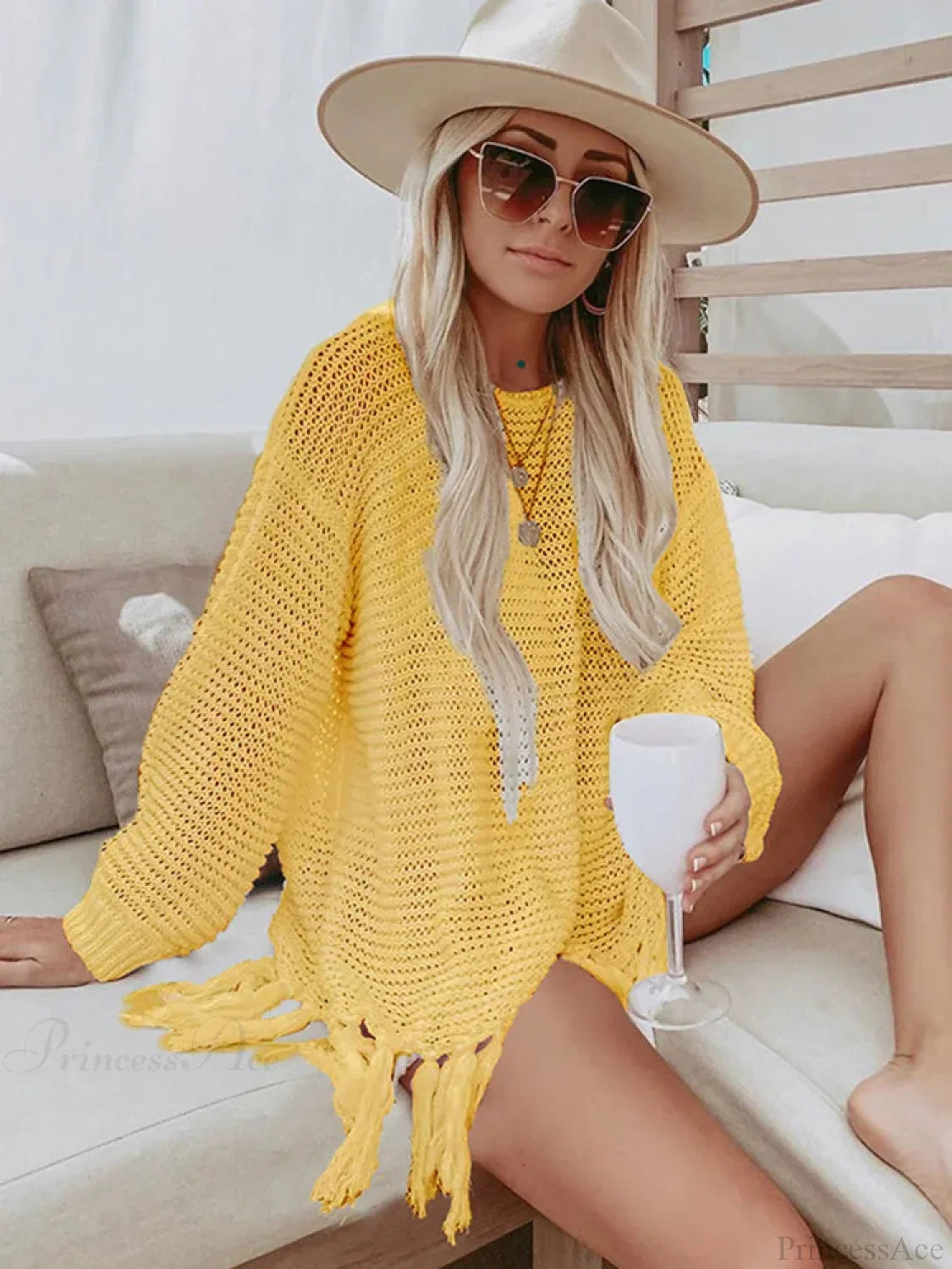 Solid Lace Up Tassel Beach Cover Up