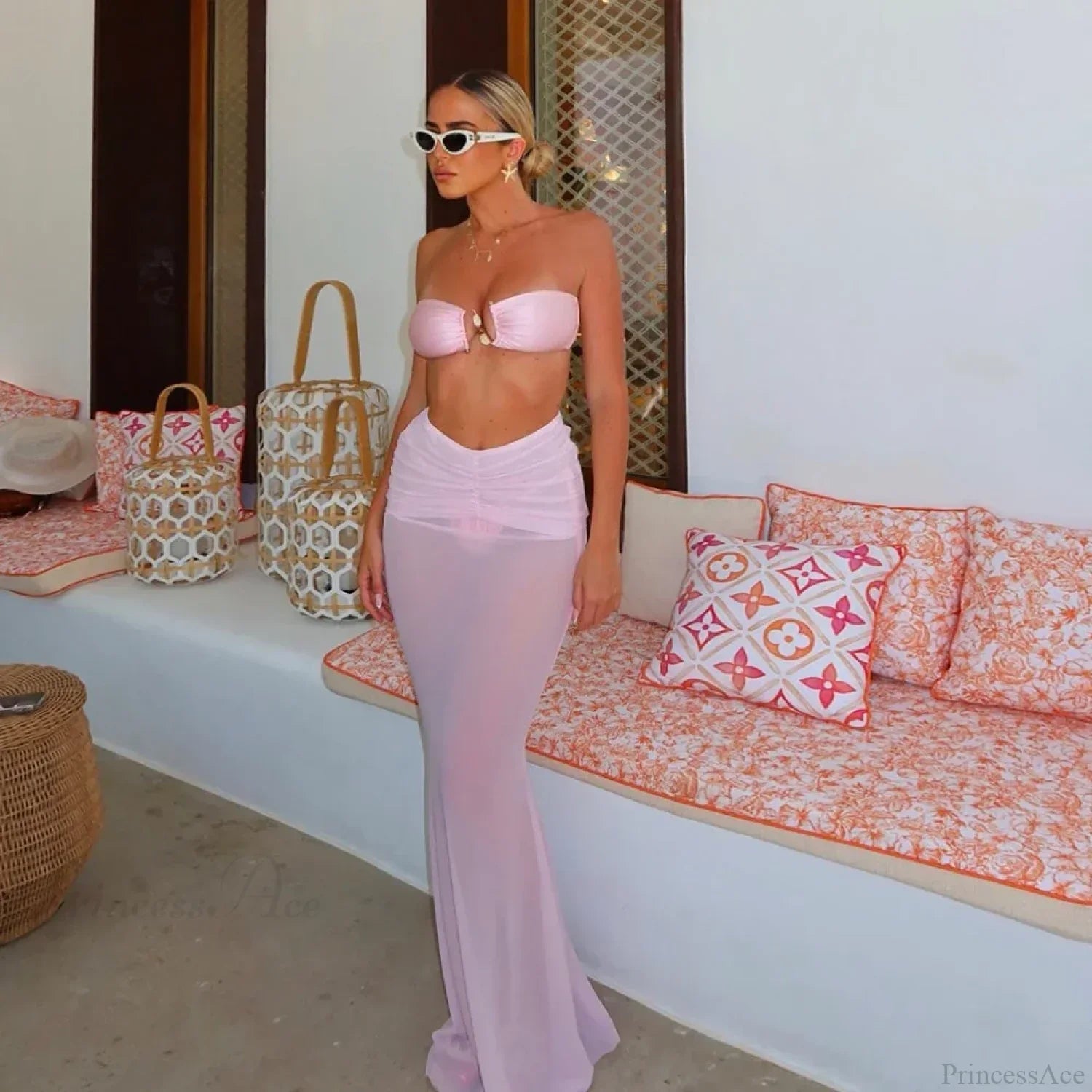 Solid Long Skirt Three Piece Swimsuit