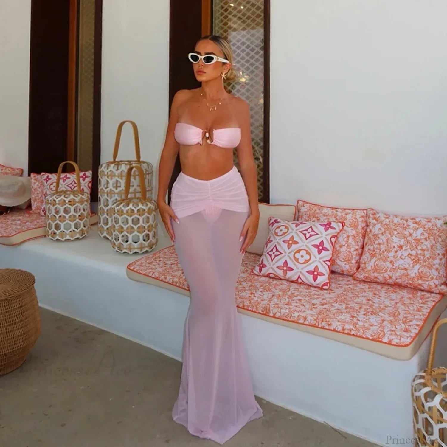 Solid Long Skirt Three Piece Swimsuit