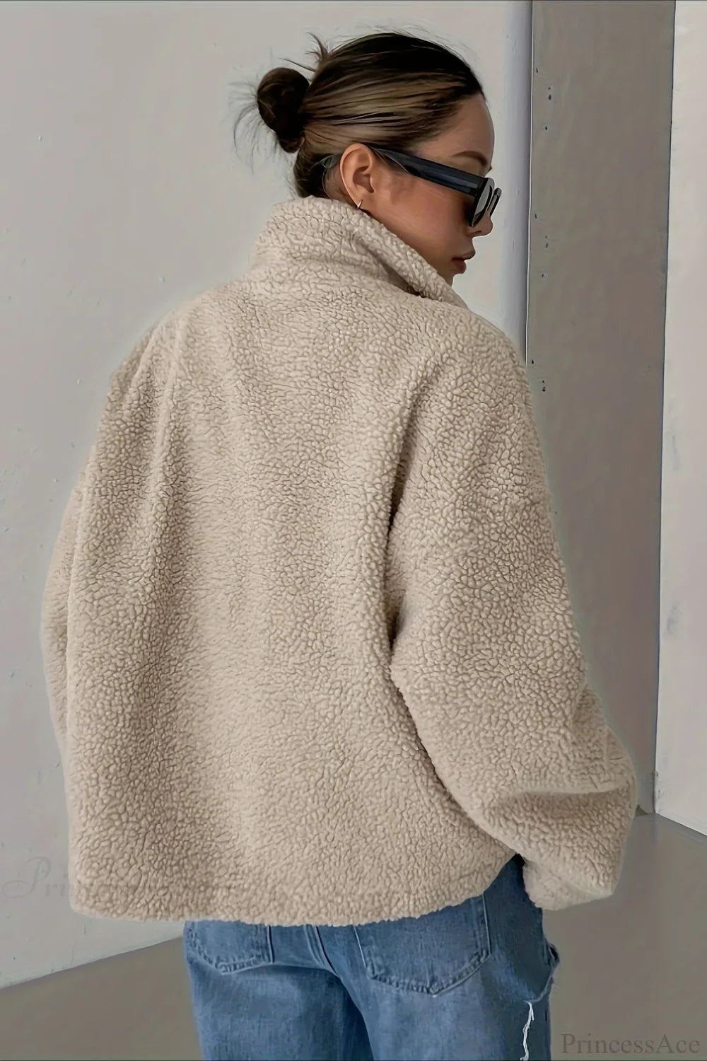Solid Relaxed Shearling High Neck Jacket