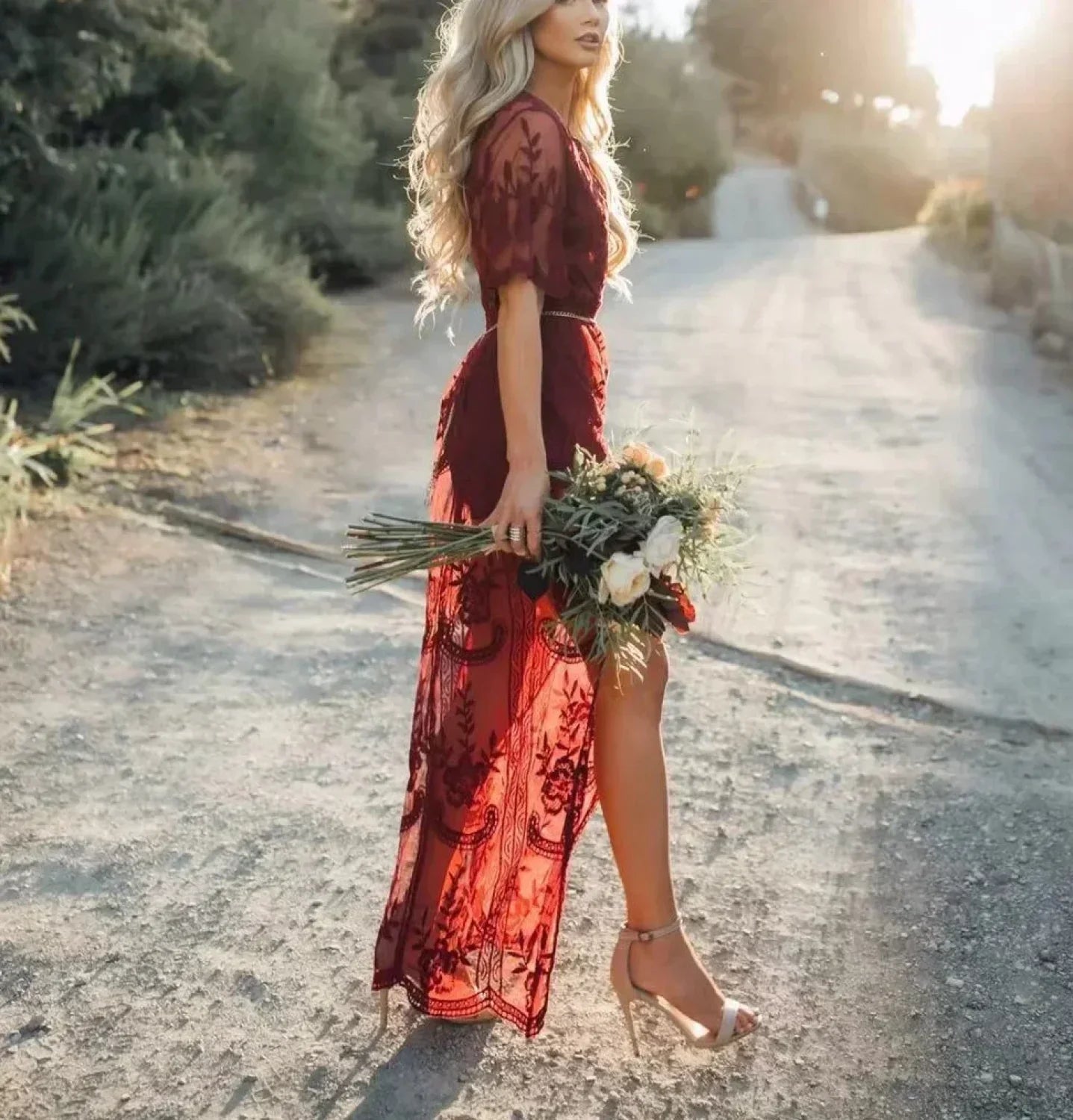 Solid Short Sleeve Lace V-neck Loose Maxi Boho Dress
