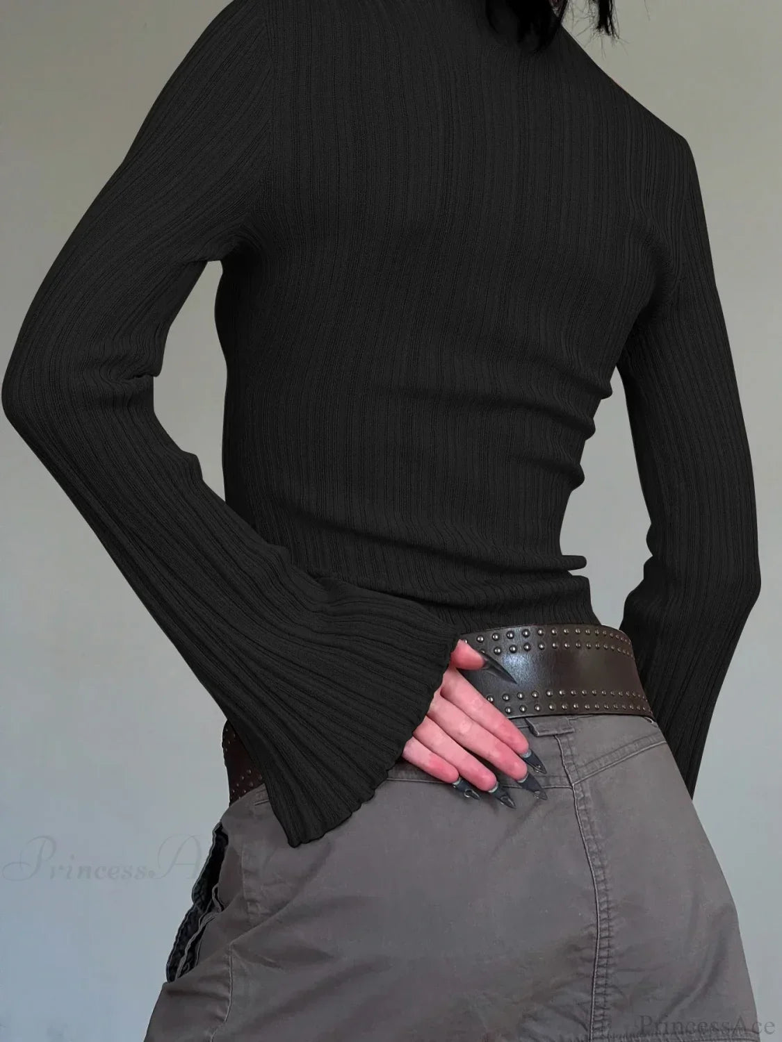 Solid Turtleneck Slim Flare Sleeve Long Sleeve Knit Top