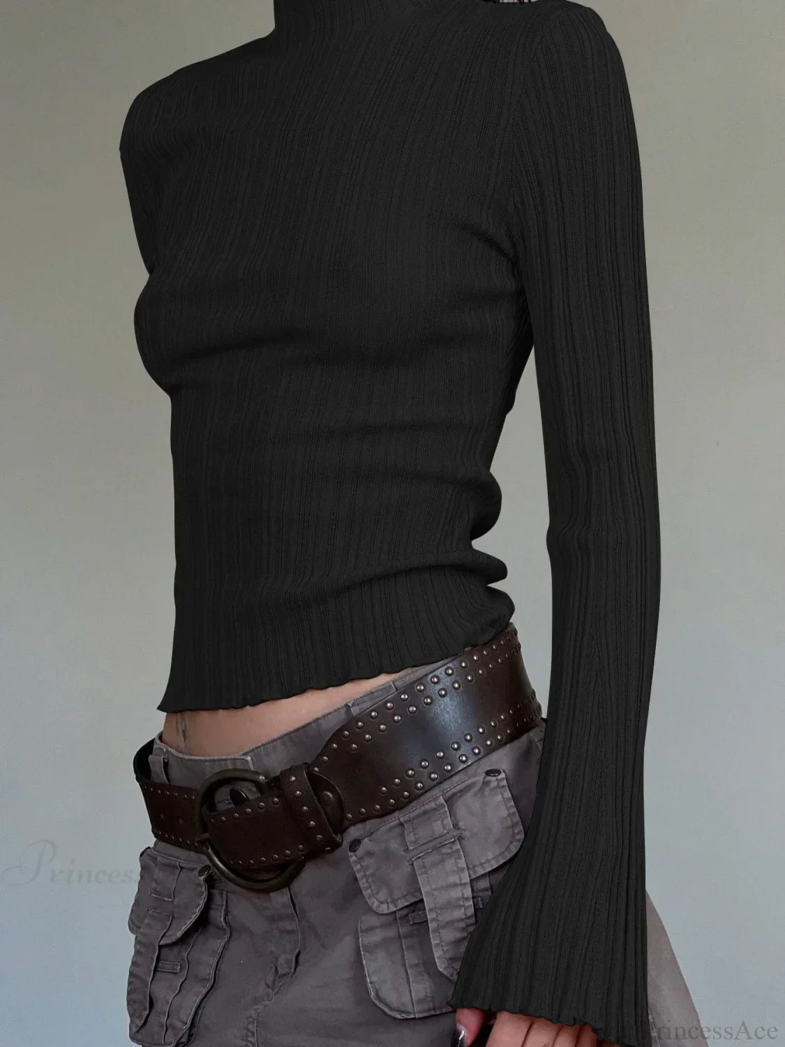 Solid Turtleneck Slim Flare Sleeve Long Sleeve Knit Top