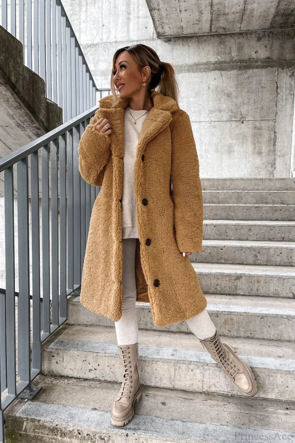 Solid Warm Faux Fur Lapel Overcoat