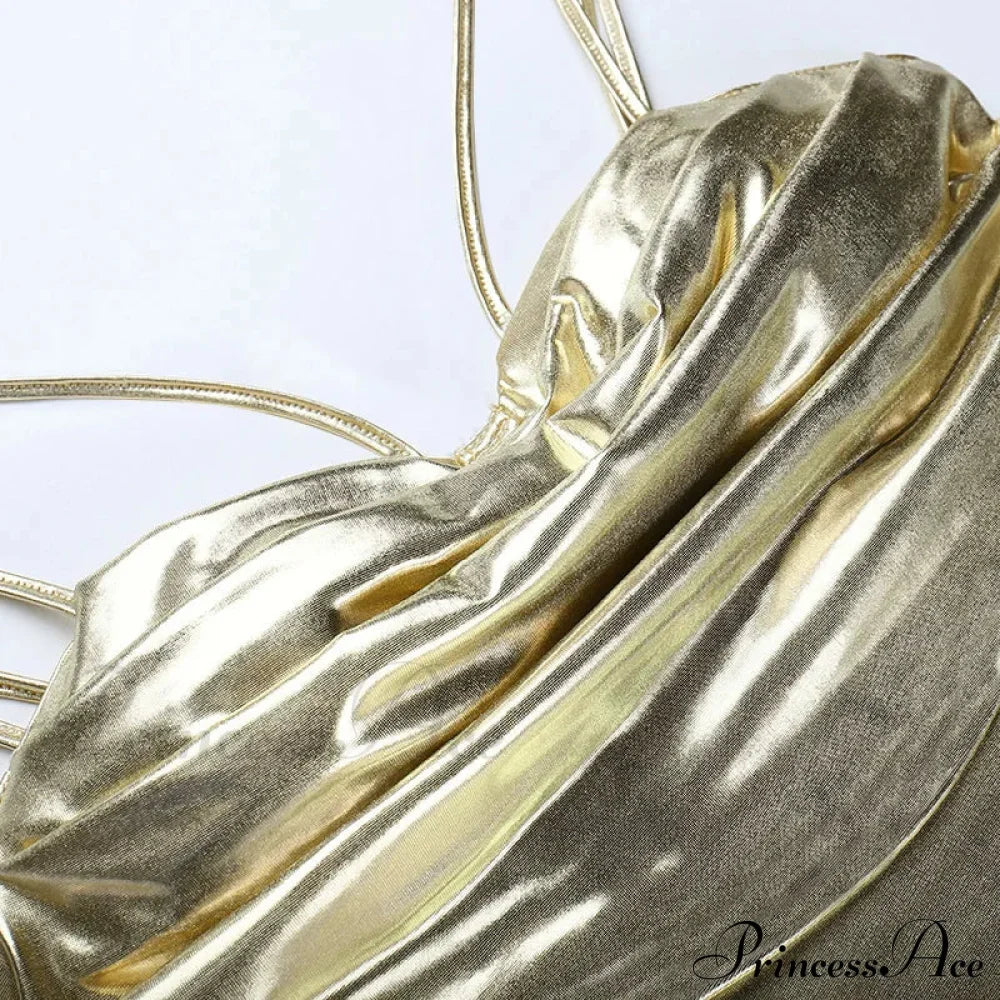 Vestido ajustado dorado midi de tirantes finos, envolvente, sin espalda, para fiesta de verano y club