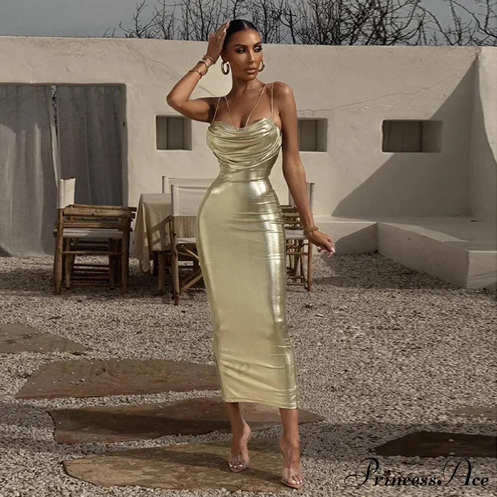 Spaghetti Strap Gold Midi Fashion Wrap Chest Slim Backless Summer Party Club Bodycon Dress