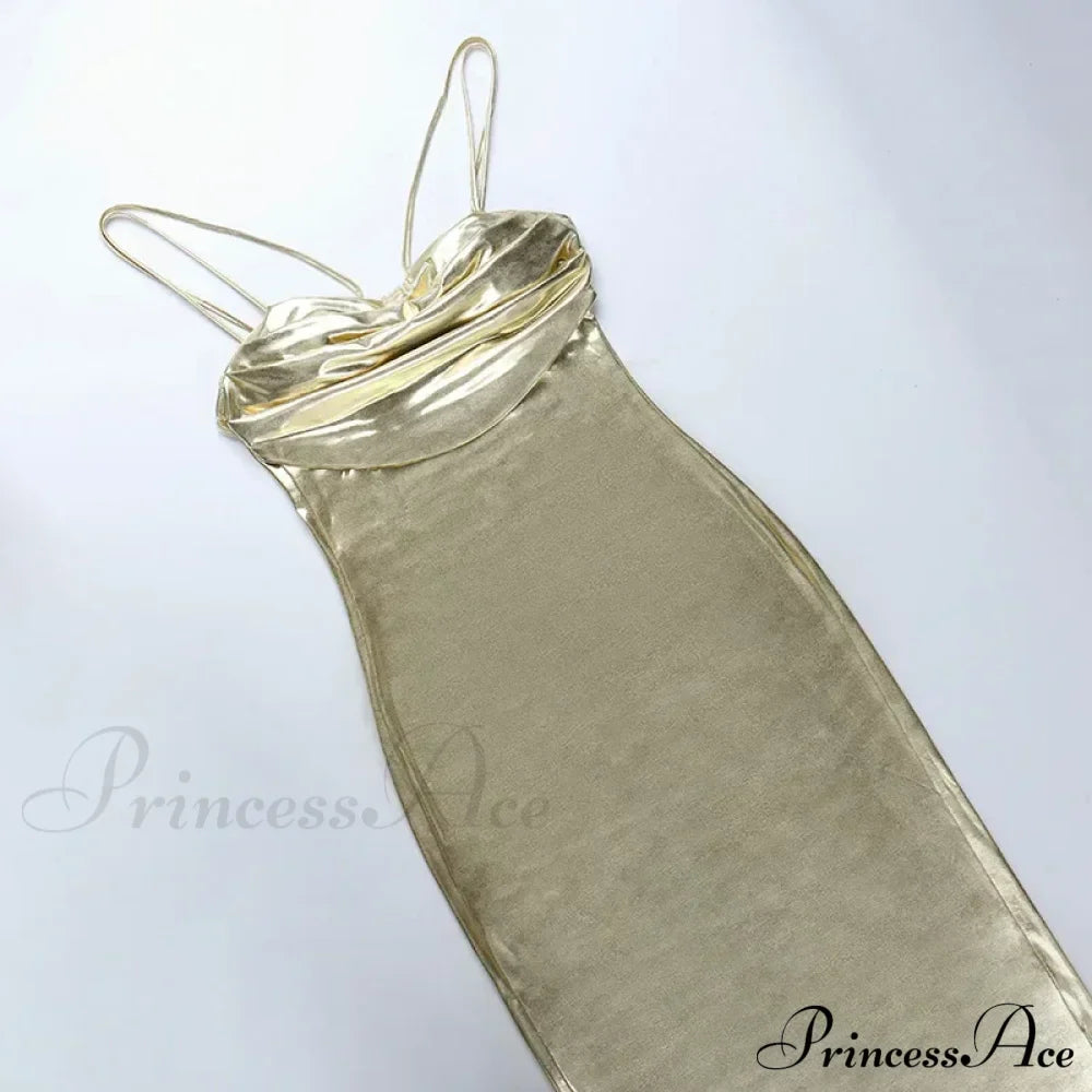 Vestido ajustado dorado midi de tirantes finos, envolvente, sin espalda, para fiesta de verano y club