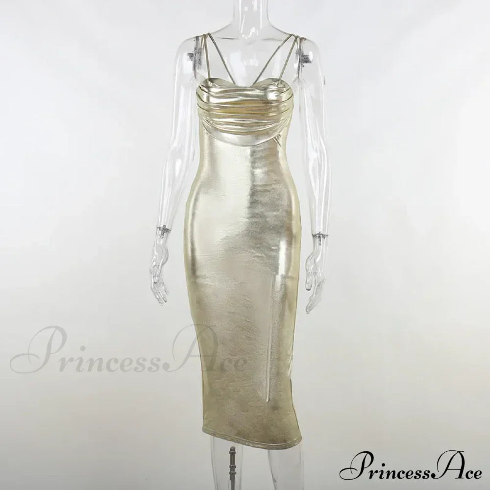 Vestido ajustado dorado midi de tirantes finos, envolvente, sin espalda, para fiesta de verano y club