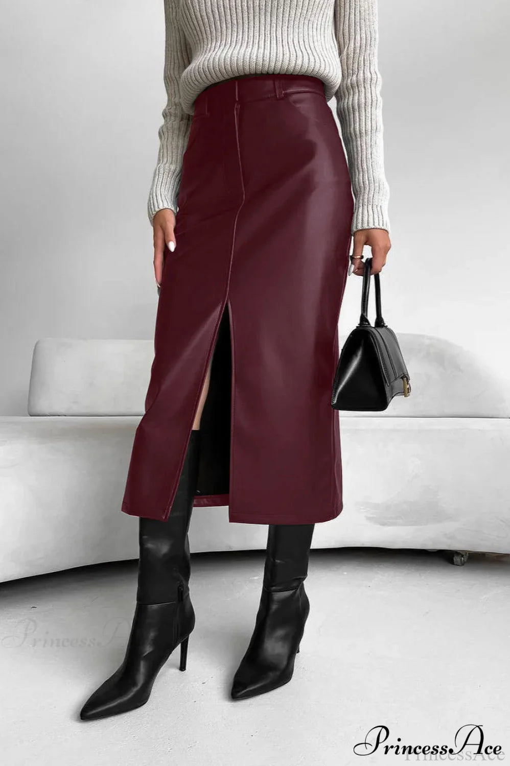 Split Design Fleece Lined Faux Leather Vintage Skirt