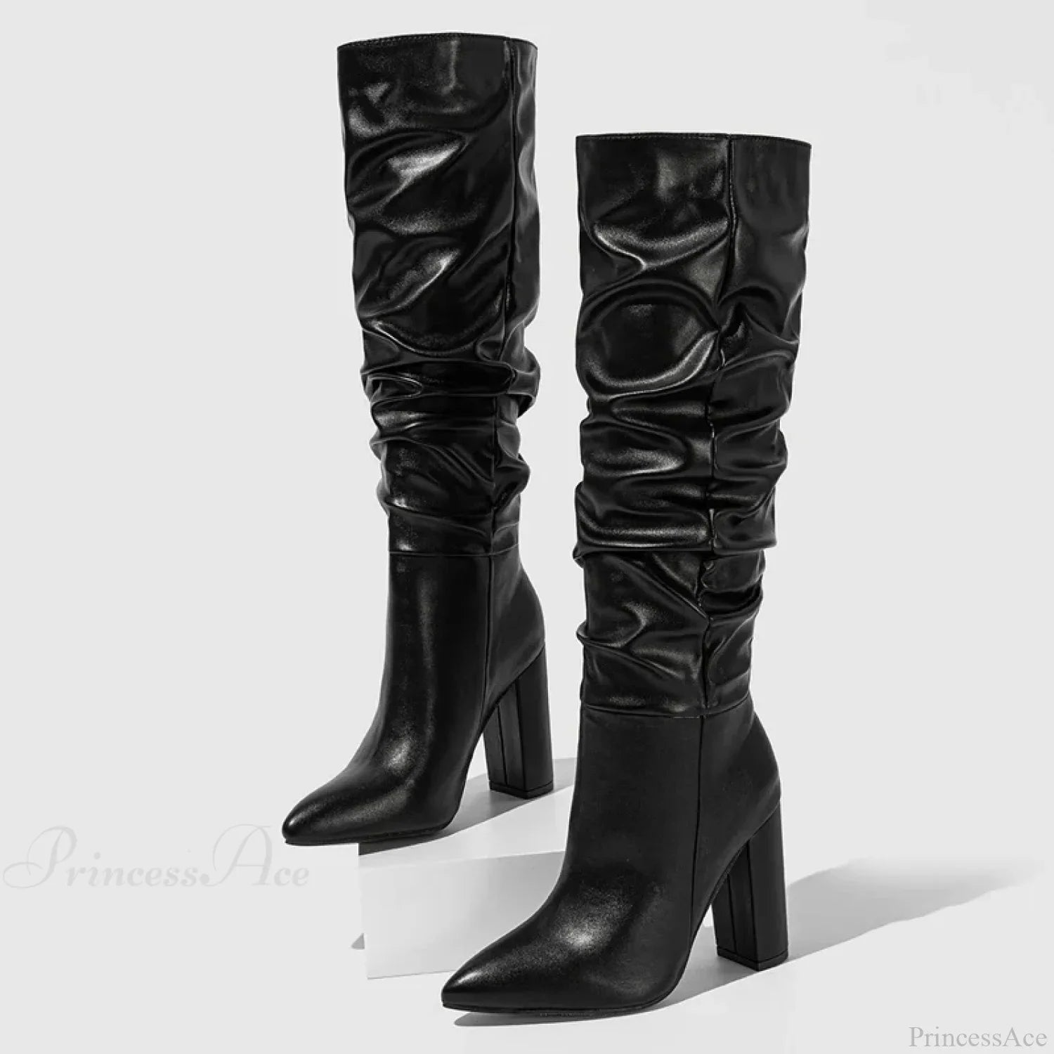 Spring Fashion Pleated Chunky High Heel Sexy Slip-on Pointed Toe Knee High Boot