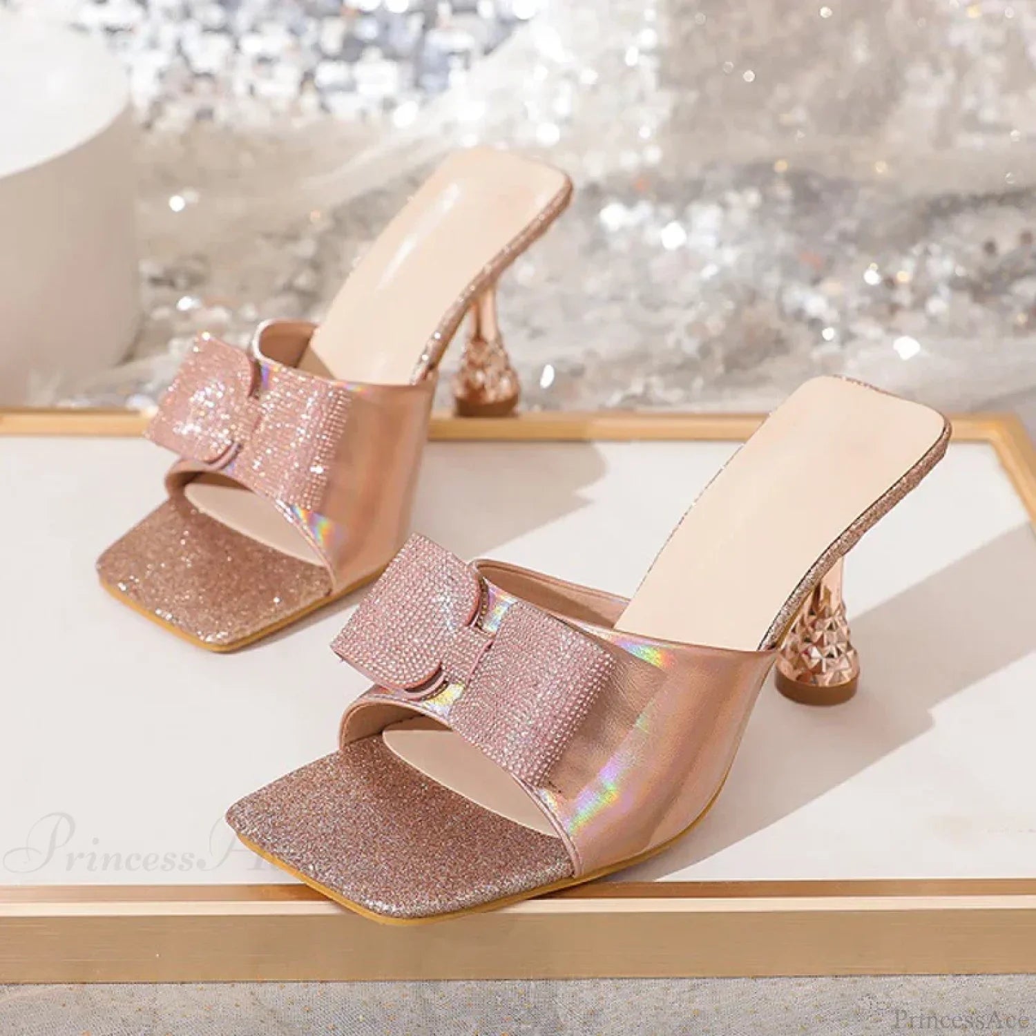 Square Toe Crystal Butterfly-knot Slippers Low Heels Summer Party Low Heel Pump