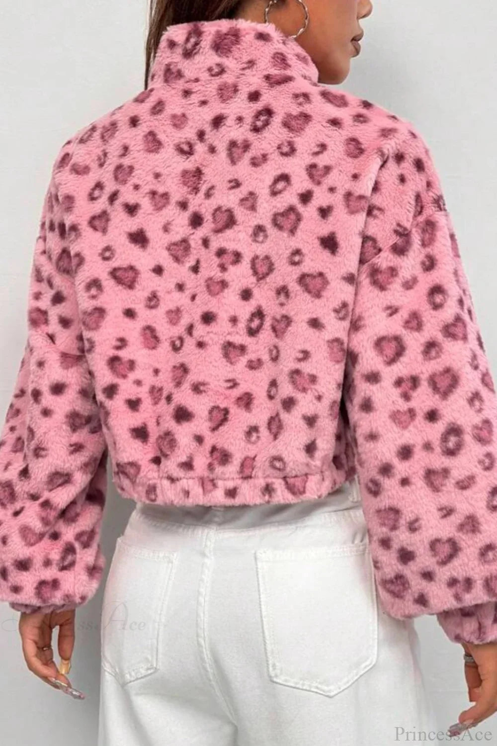 Manteau court duveteux à col montant et demi-fermeture éclair, imprimé léopard