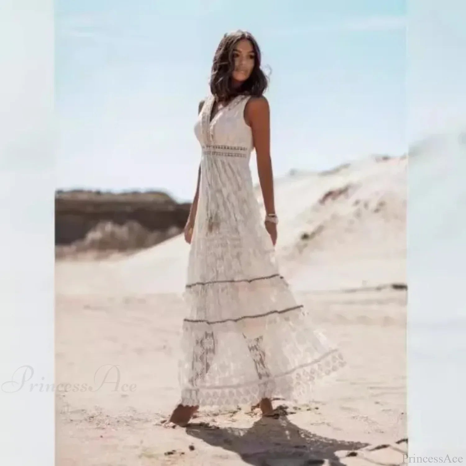Strapless Lace Up Tassel Splicing Summer Maxi Boho Dress