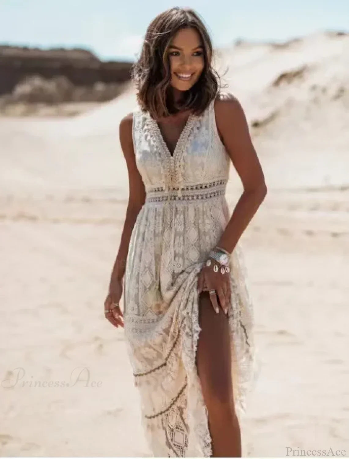 Strapless Lace Up Tassel Splicing Summer Maxi Boho Dress