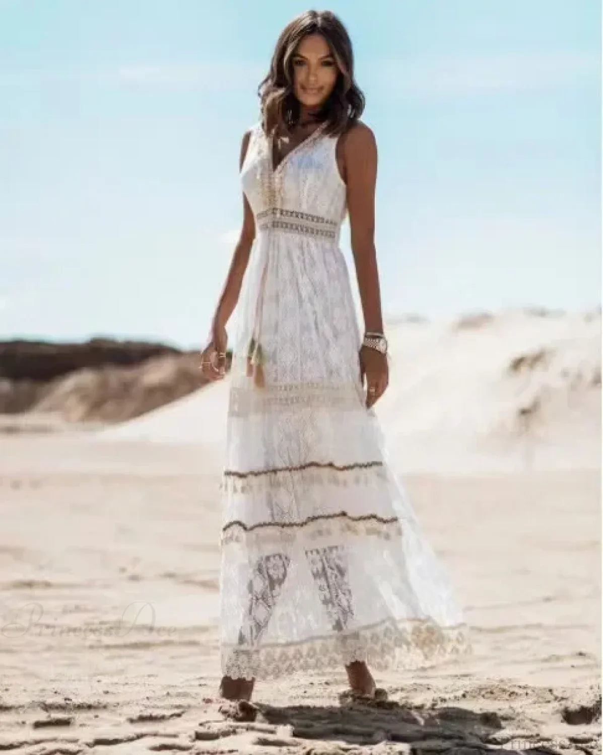 Strapless Lace Up Tassel Splicing Summer Maxi Boho Dress