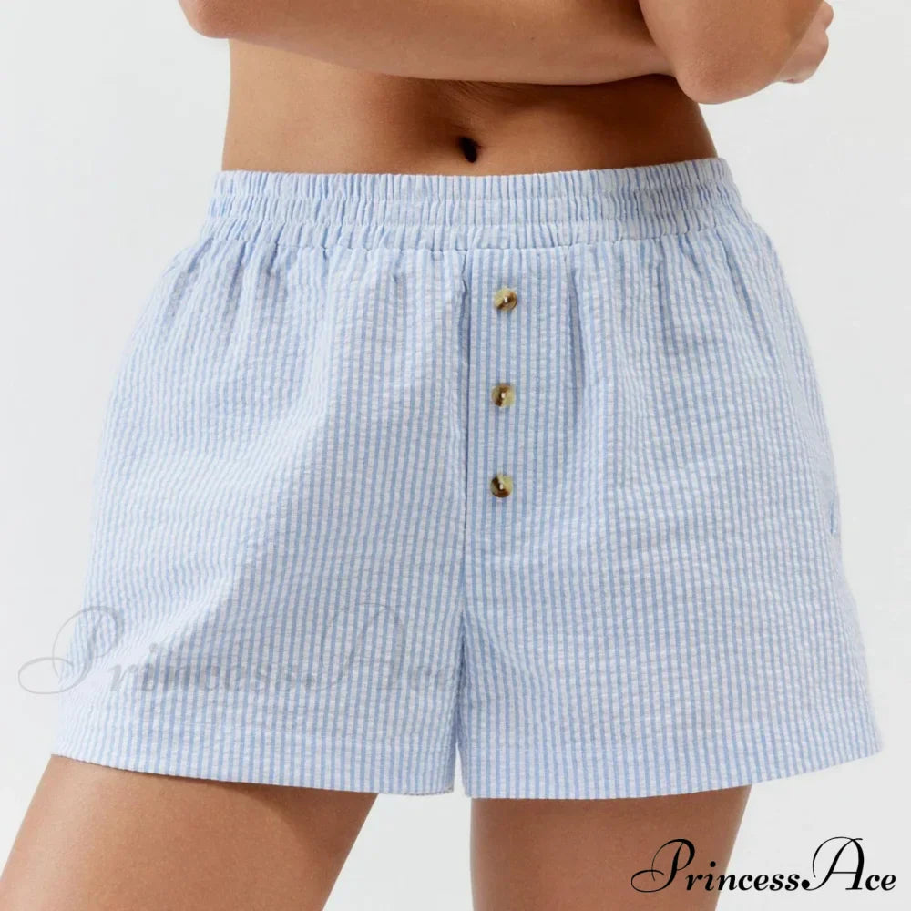 Stripe Print Pajama Boxer Elastic Waist Button Decor Straight Leg Sleeping Pants Short