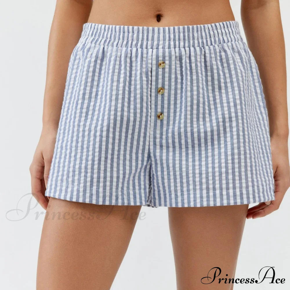 Pantaloncini da pigiama a righe con vita elastica, bottoni decorativi, gamba dritta, pantaloni corti da notte