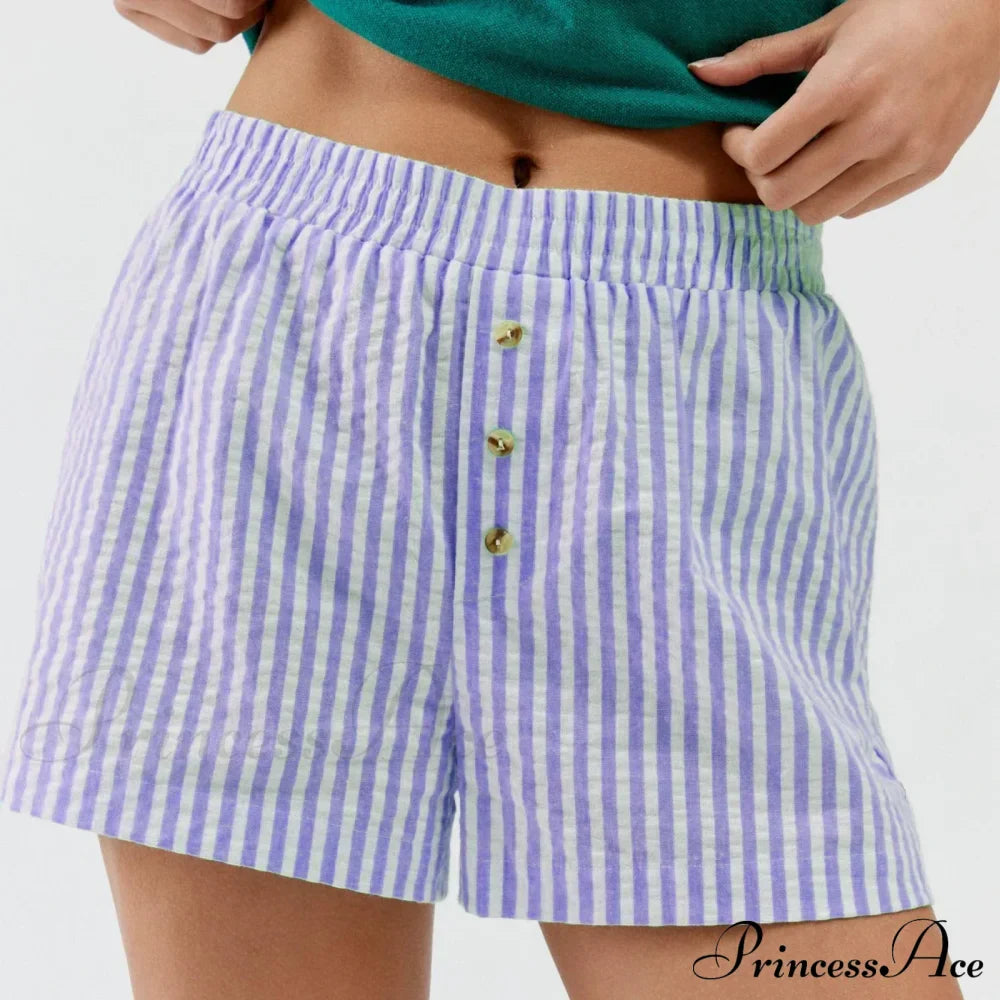 Pantaloncini da pigiama a righe con vita elastica, bottoni decorativi, gamba dritta, pantaloni corti da notte