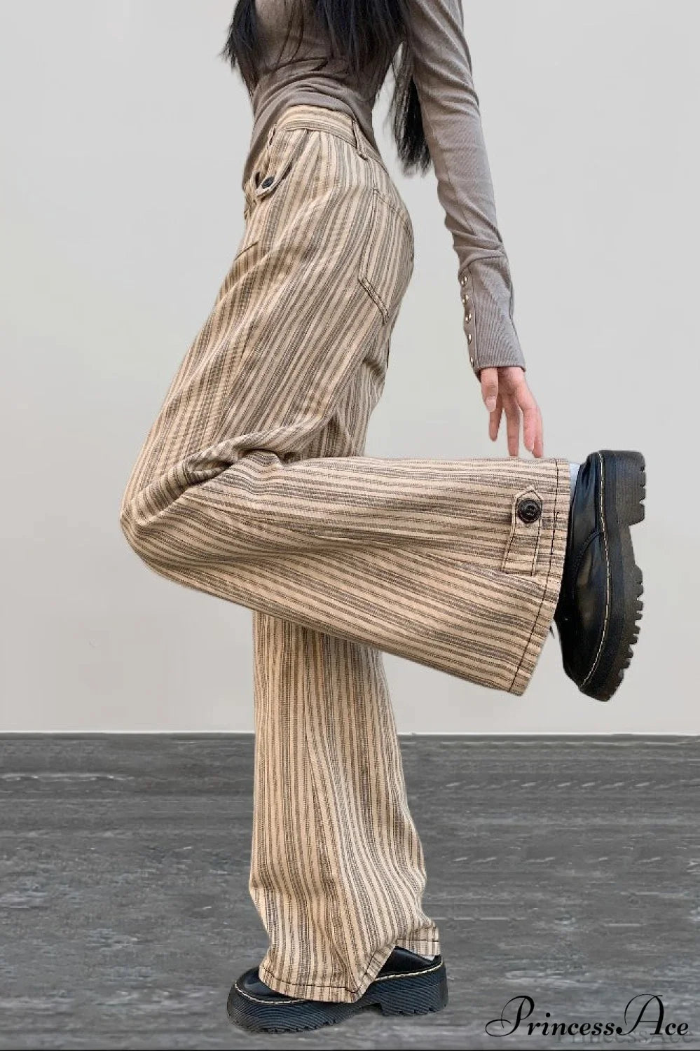 Striped Khaki Low Waist Slim Flared Jeans