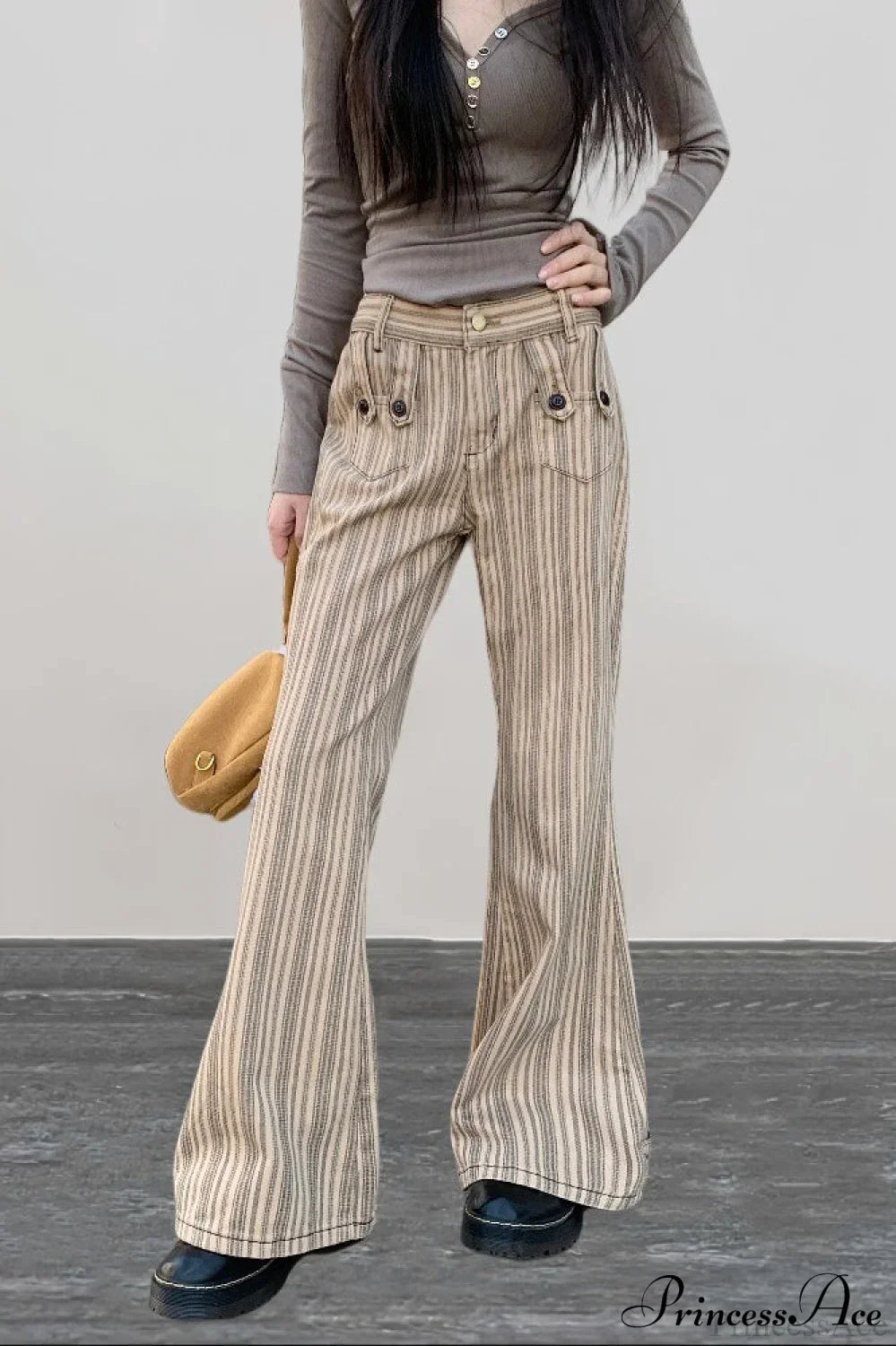 Striped Khaki Low Waist Slim Flared Jeans