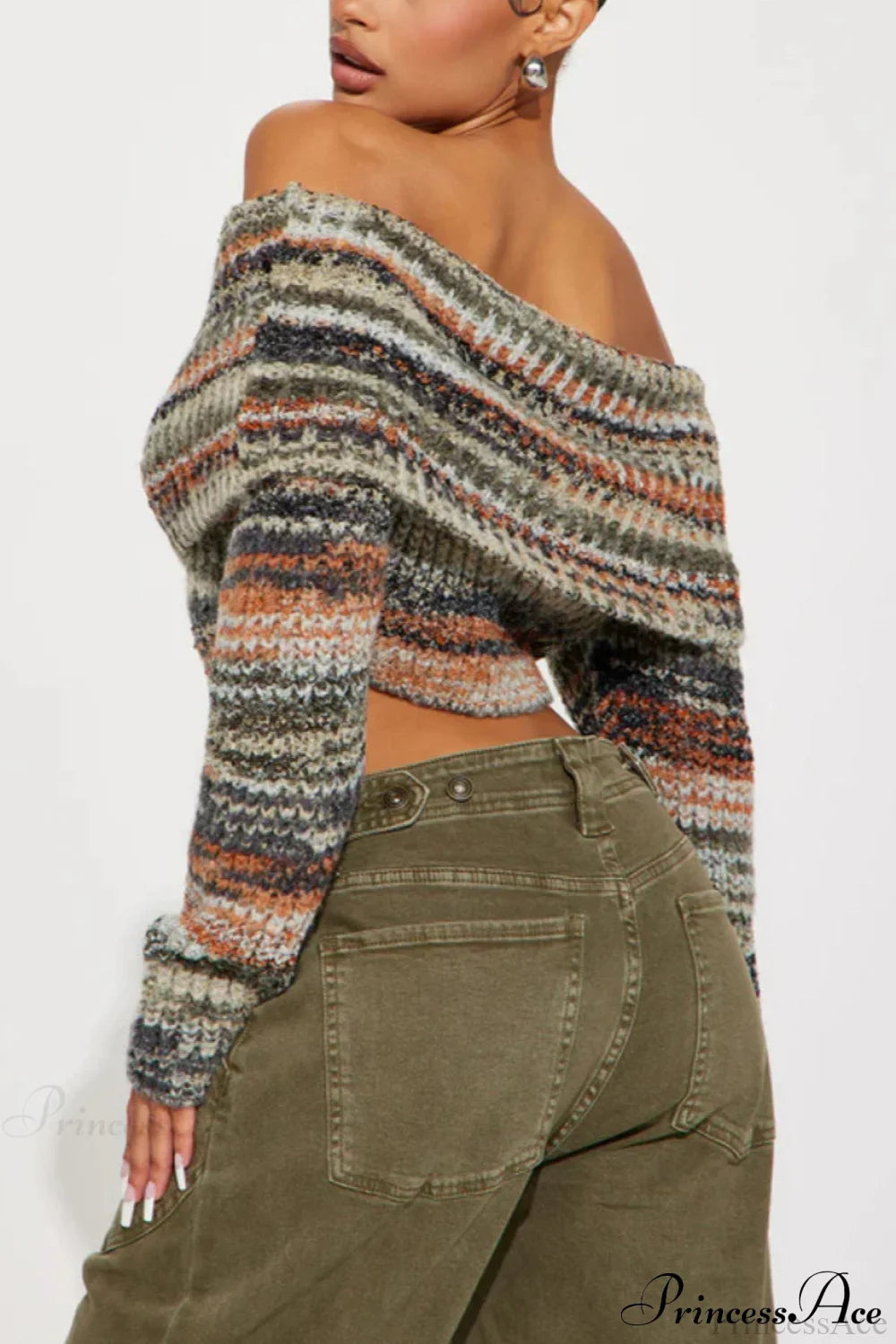 Gestreiftes, eng anliegendes, schulterfreies Langarm-Bauchfreies Oberteil