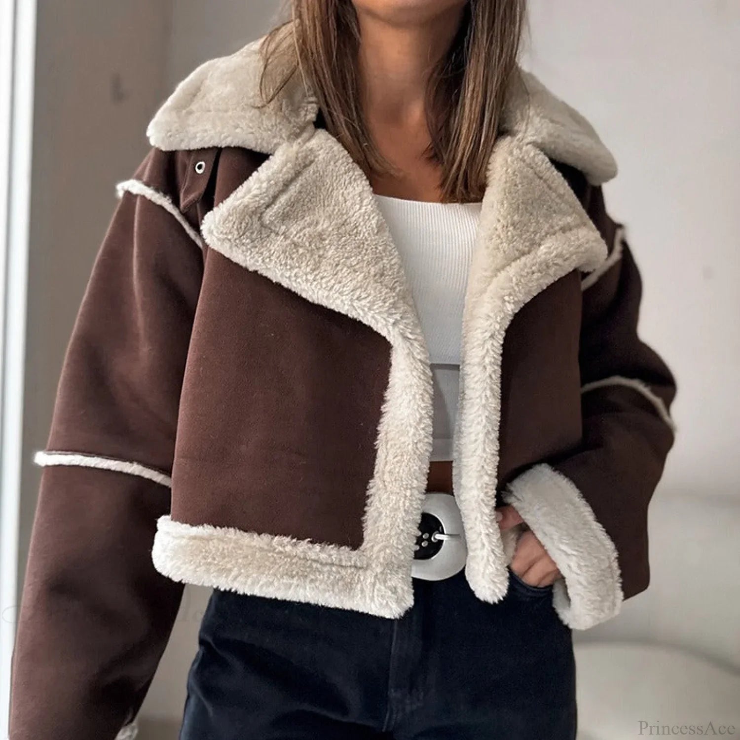 Suede Wide Lapel Cropped Fleece-Lined Long Sleeve Coat