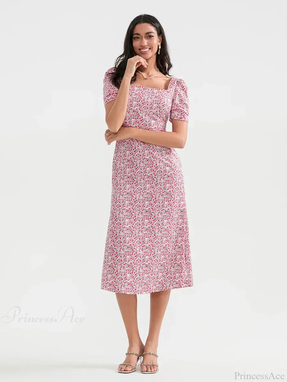 Vestido floral de verano midi con mangas abullonadas y corte en línea A