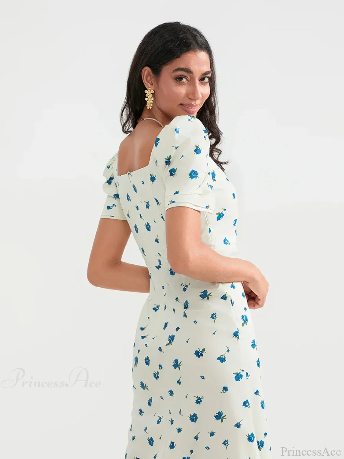 Vestido floral de verano midi con mangas abullonadas y corte en línea A
