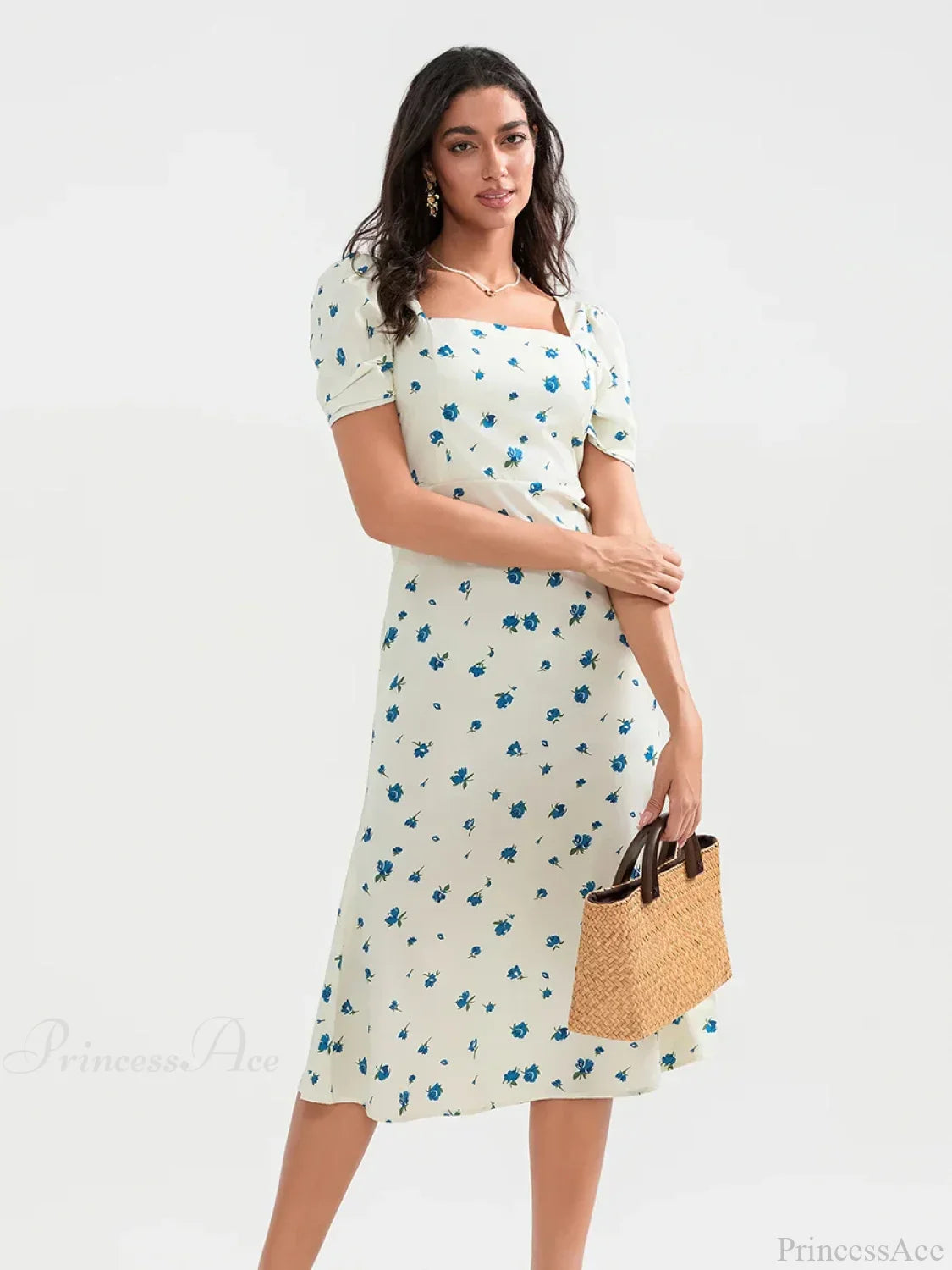 Vestido floral de verano midi con mangas abullonadas y corte en línea A
